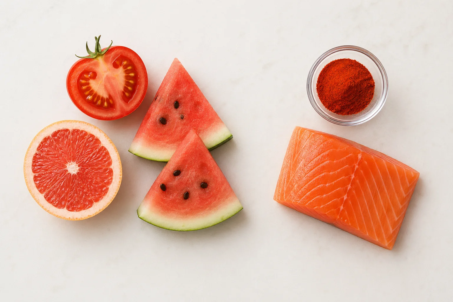 natural carotenoid food sources arranged side by side to illustrate lycopene and astaxanthin sources