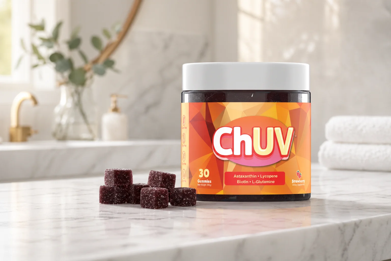 ChUV tanning gummies jar on white marble beside prenatal vitamins illustrating the question of taking tanning gummies while pregnant