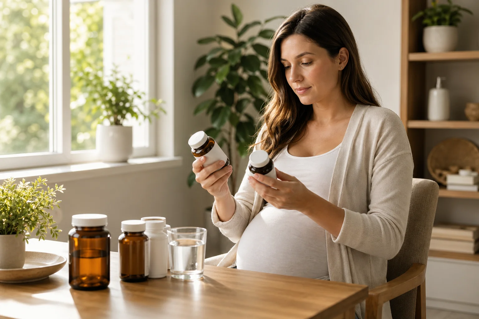 pregnant woman calmly reviewing supplement labels near a sunlit window natural light warm wellness setting no product text