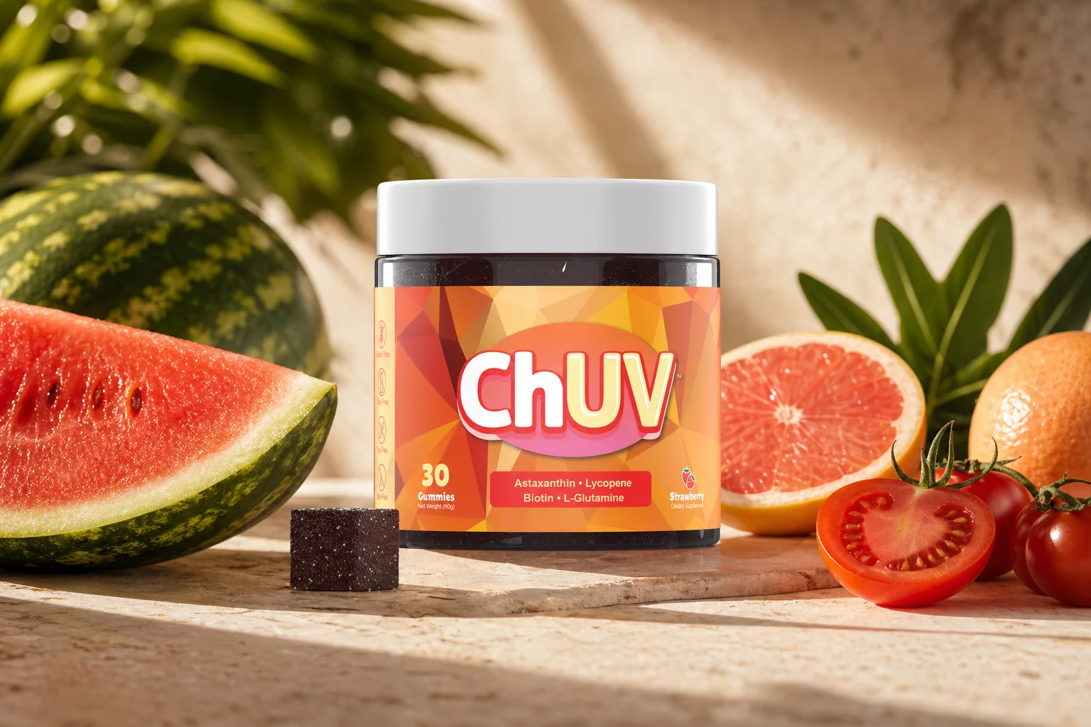 ChUV tanning gummy jar surrounded by foods that change skin color including tomatoes, watermelon, and grapefruit on a sun-warmed surface