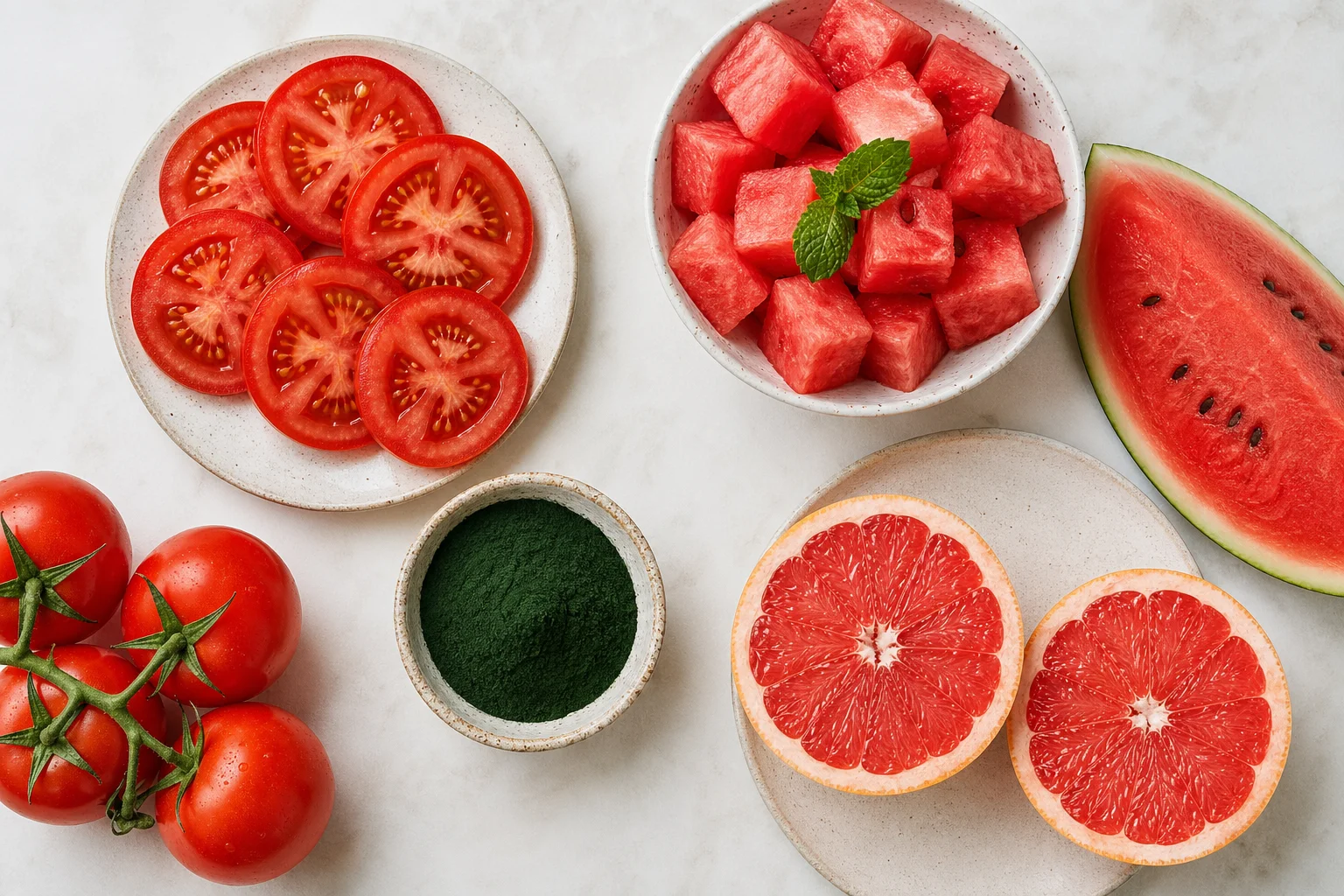 Carotenoid-rich foods including ripe tomatoes, watermelon chunks, and microalgae powder arranged on a light stone surface for natural skin pigmentation