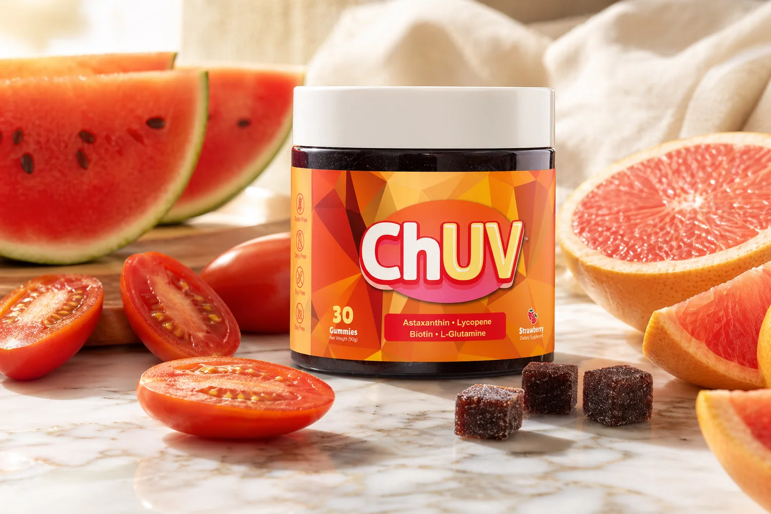 ChUV gummy vitamin jar placed among colorful fresh heirloom and cherry tomatoes on a wooden cutting board in bright natural sunlight — hero image for lycopene for skin blog post