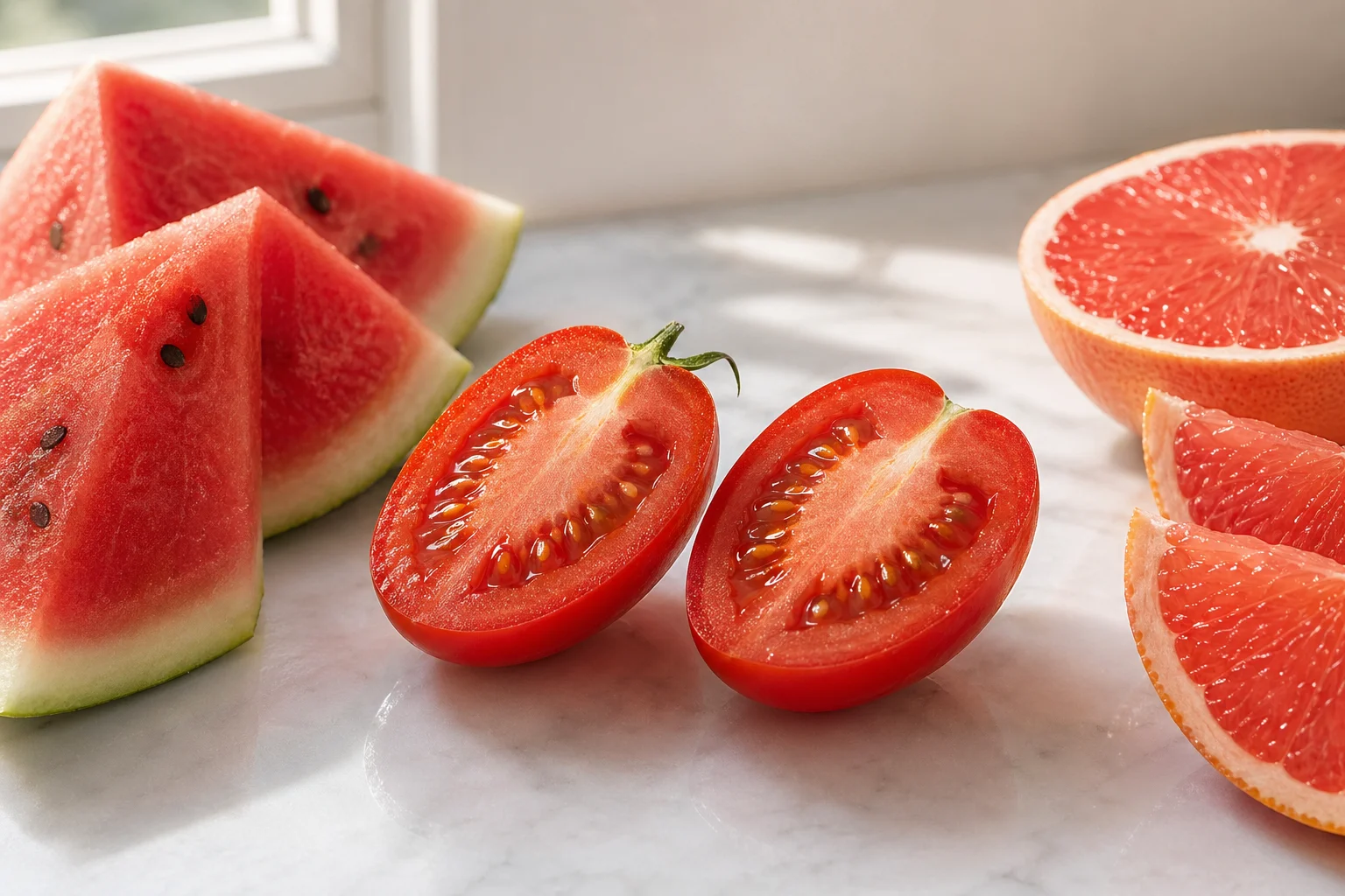 Fresh tomatoes sliced on a marble surface with vibrant red lycopene-rich flesh visible, surrounded by watermelon wedges and pink grapefruit in editorial food photography
