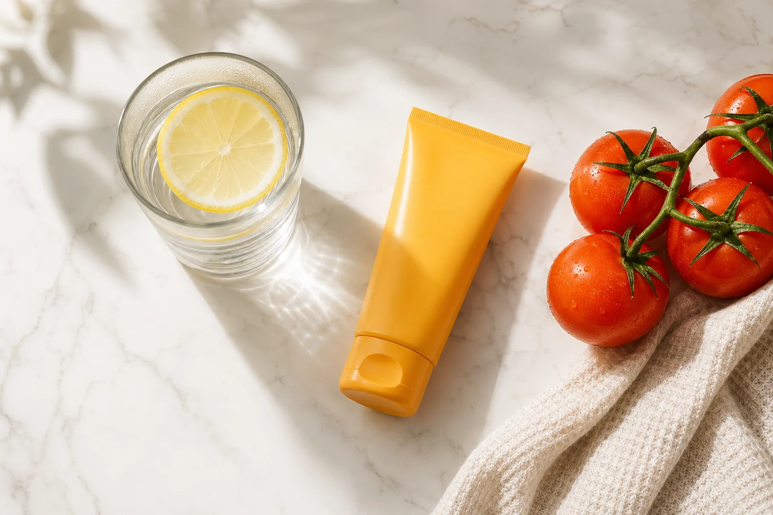 Bright editorial flat-lay of sunscreen, a glass of water, and fresh ripe tomatoes on a white marble surface with warm natural window light