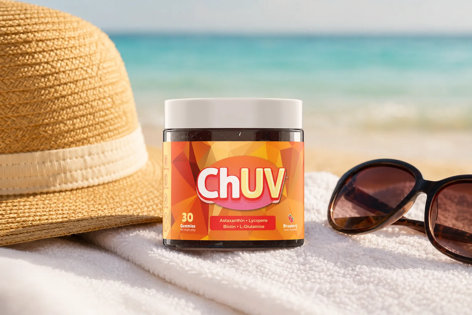 ChUV tanning gummies jar on a beach resort towel with sunglasses and sun hat, vacation tan prep with tanning gummies