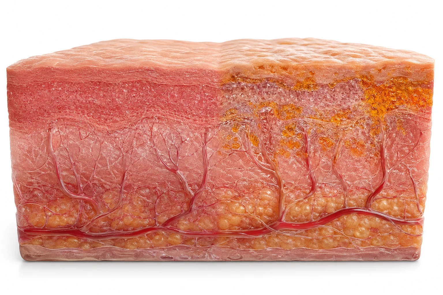 Photorealistic cross-section of human skin layers showing warm reddish pigment distributing evenly through the dermis, editorial clinical lighting, no text or labels
