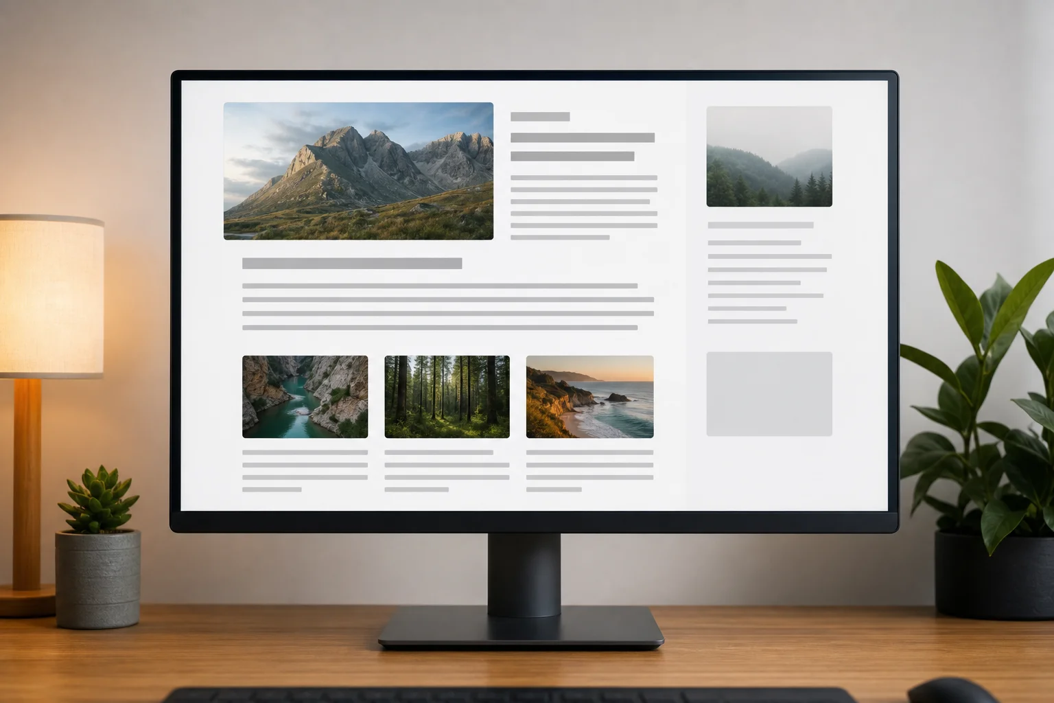 A content strategist reviewing a structured AI-optimized article layout on a large monitor, showing heading hierarchy, short answer paragraphs, and internal link indicators