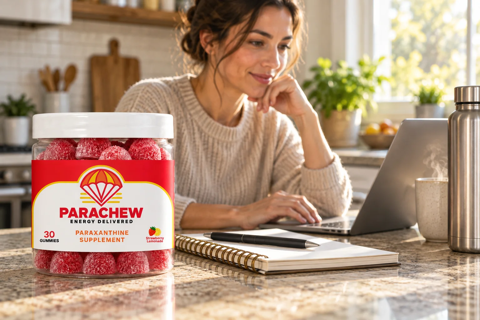 Person researching the cheapest clean energy per serving option at a sunlit kitchen counter with a Parachew jar nearby