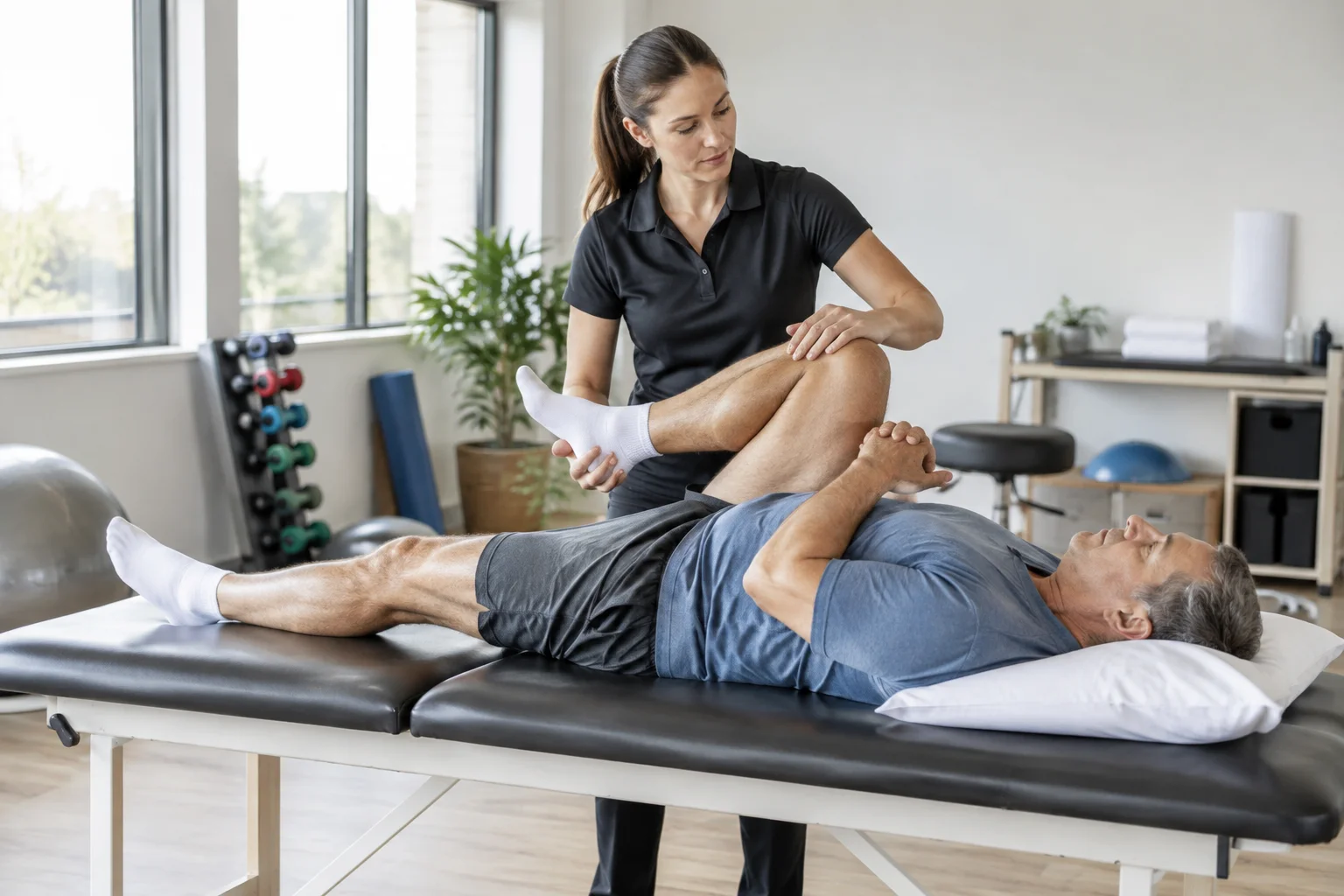 A physical therapist guiding a patient through a controlled stretching exercise for lower back and leg pain