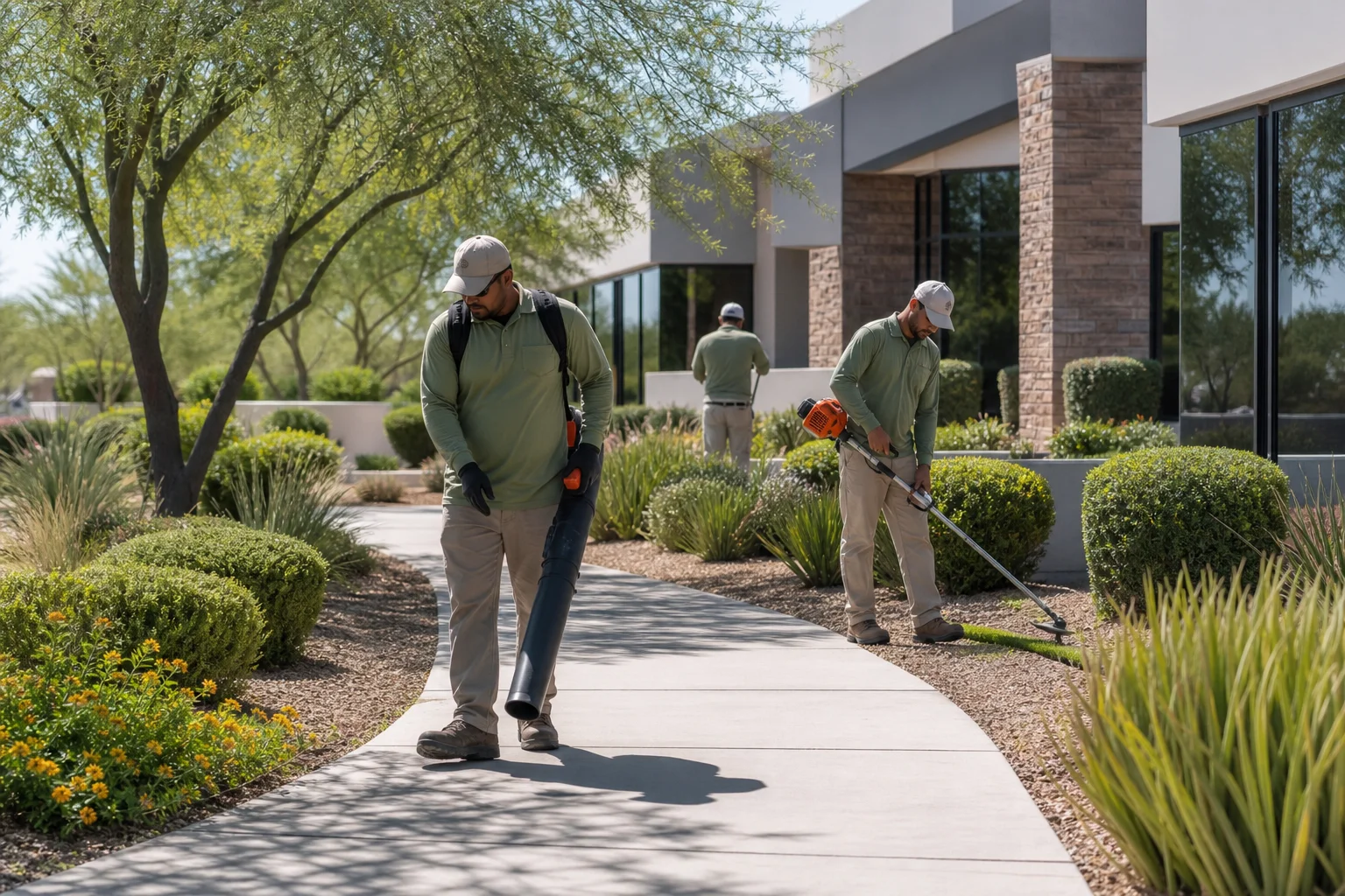 Commercial landscaping crew performing grounds maintenance at an East Valley Arizona office park