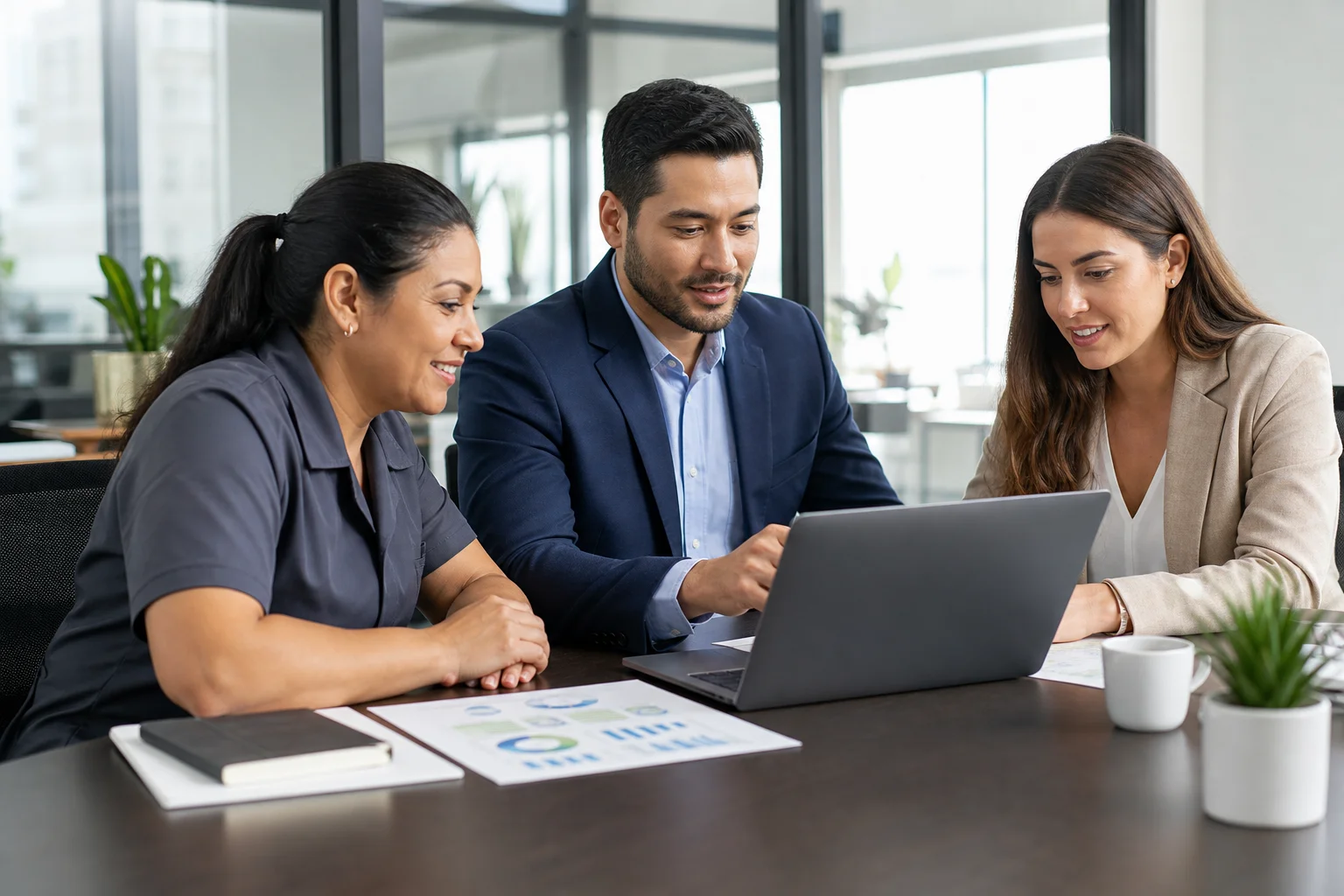 A cleaning business owner and a marketing agency team reviewing digital campaign results together on a laptop in a bright professional conference room