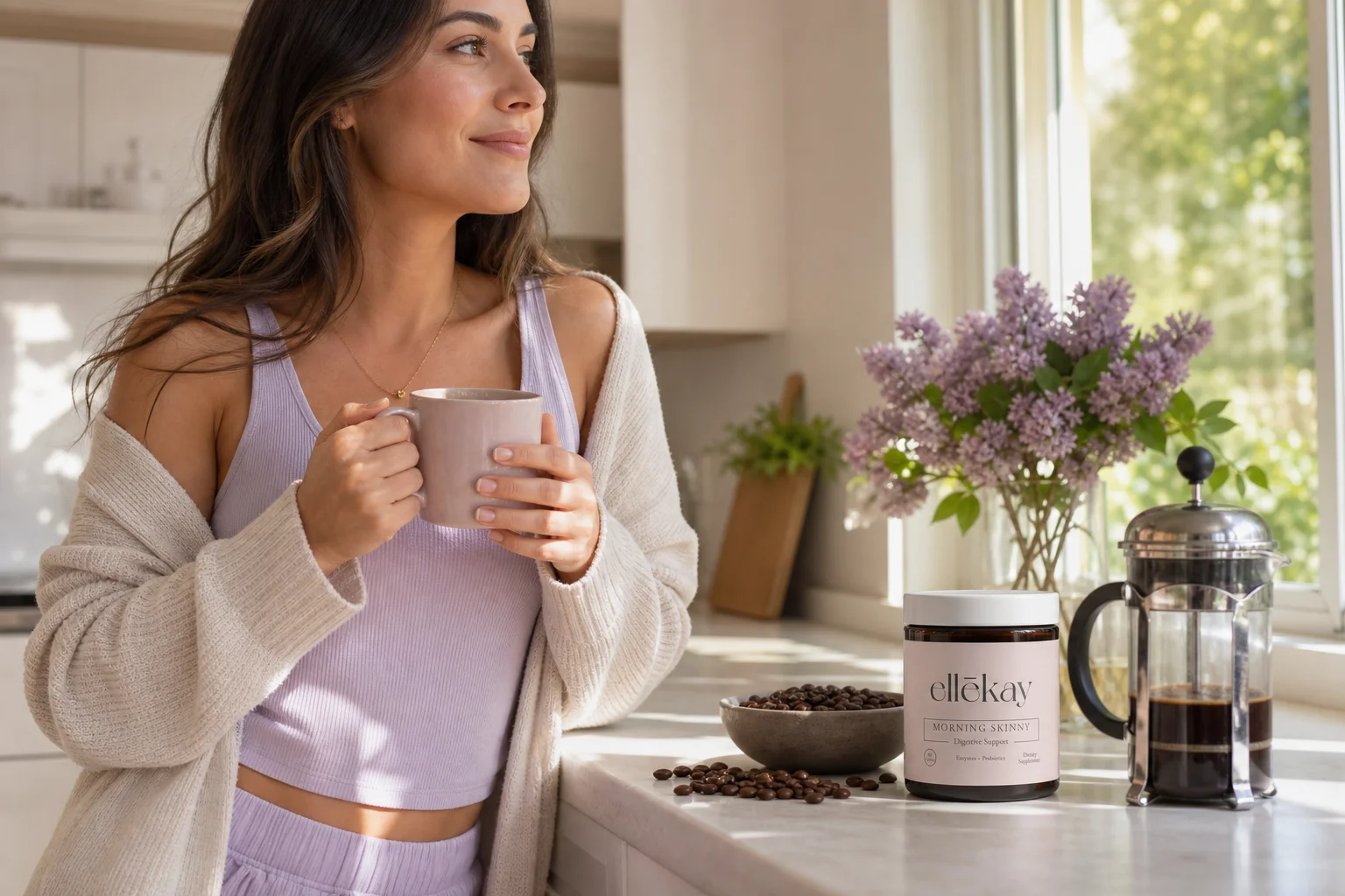 Woman enjoying morning coffee in her kitchen while thinking about coffee and your gut and digestive wellness