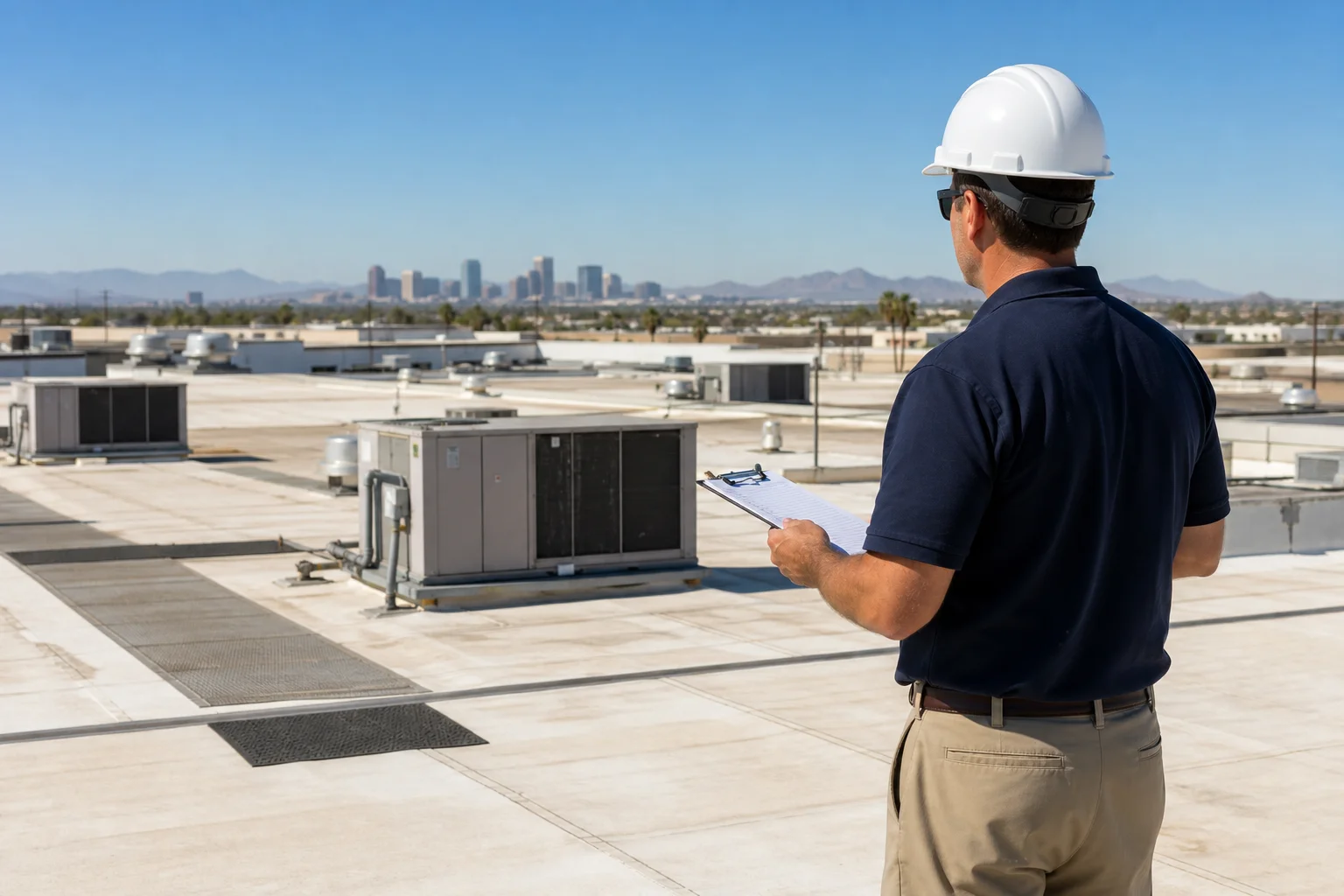 Inspector reviewing an industrial warehouse roof and mechanical systems during a Phoenix property due diligence walkthrough