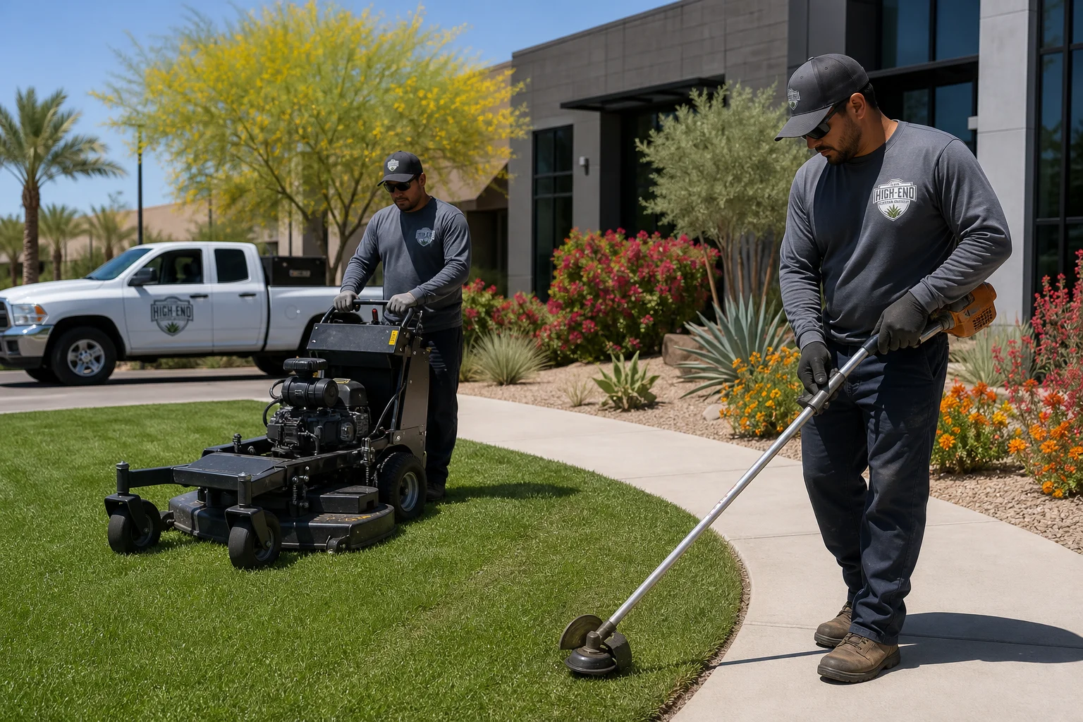 Grounds crew performing landscape maintenance at a Phoenix-area HOA property with crisp-edged turf, healthy native plantings, and clean hardscape borders