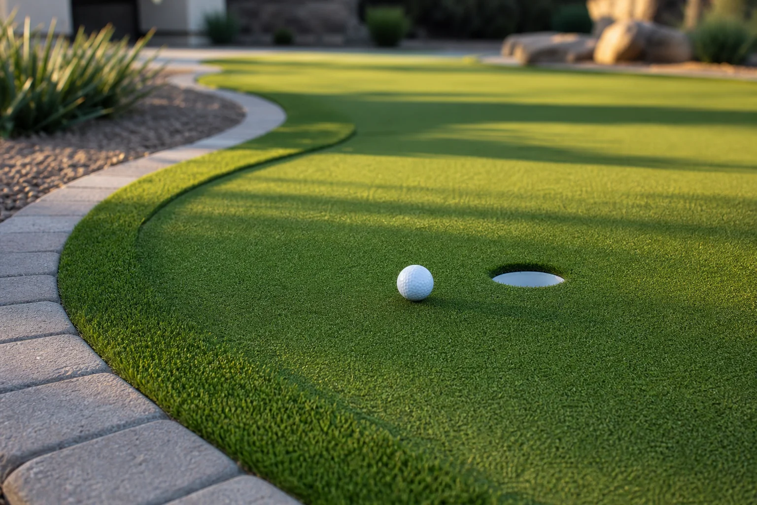 A professional synthetic turf commercial putting green at an Arizona resort property, showing multiple flag pins on lush artificial grass with desert landscaping and a paver patio surrounding the green