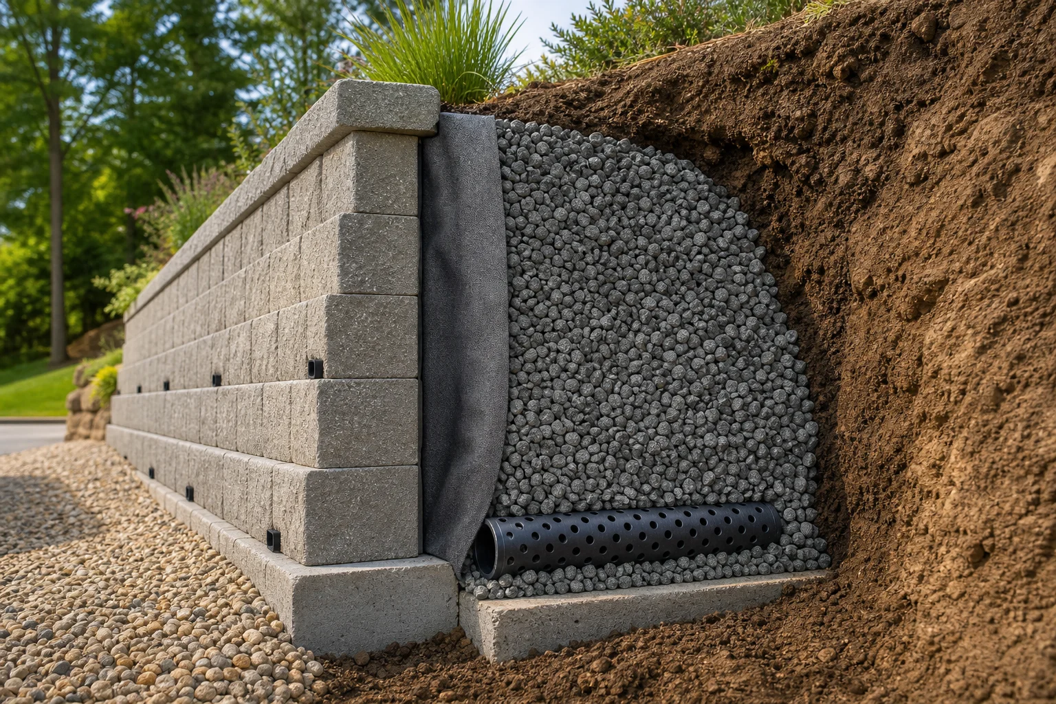 Cross-section diagram showing gravel backfill, drainage pipe, and weep holes behind a commercial retaining wall