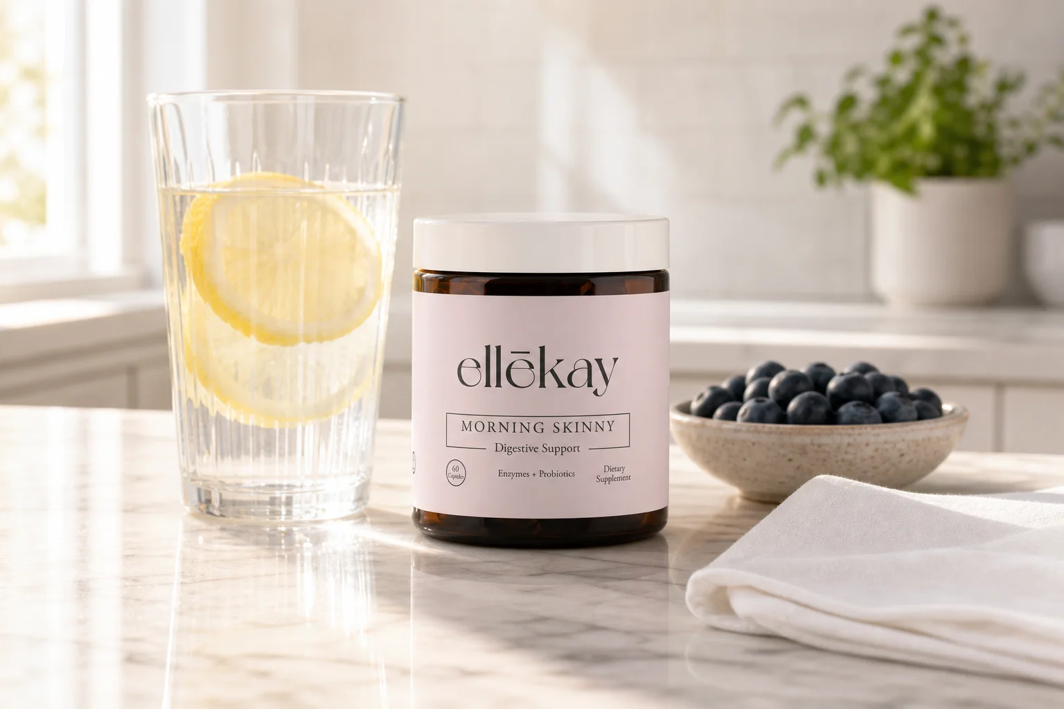 Ellekay supplement bottle on a marble kitchen counter as part of a complete gut health supplement stack morning routine