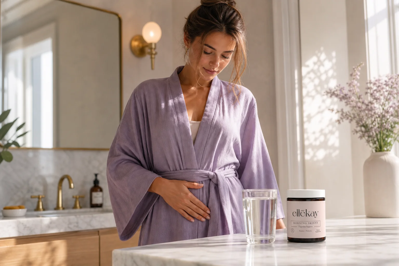 Woman holding her stomach in a bathroom with Morning Skinny on the counter, illustrating constipation vs bloating relief