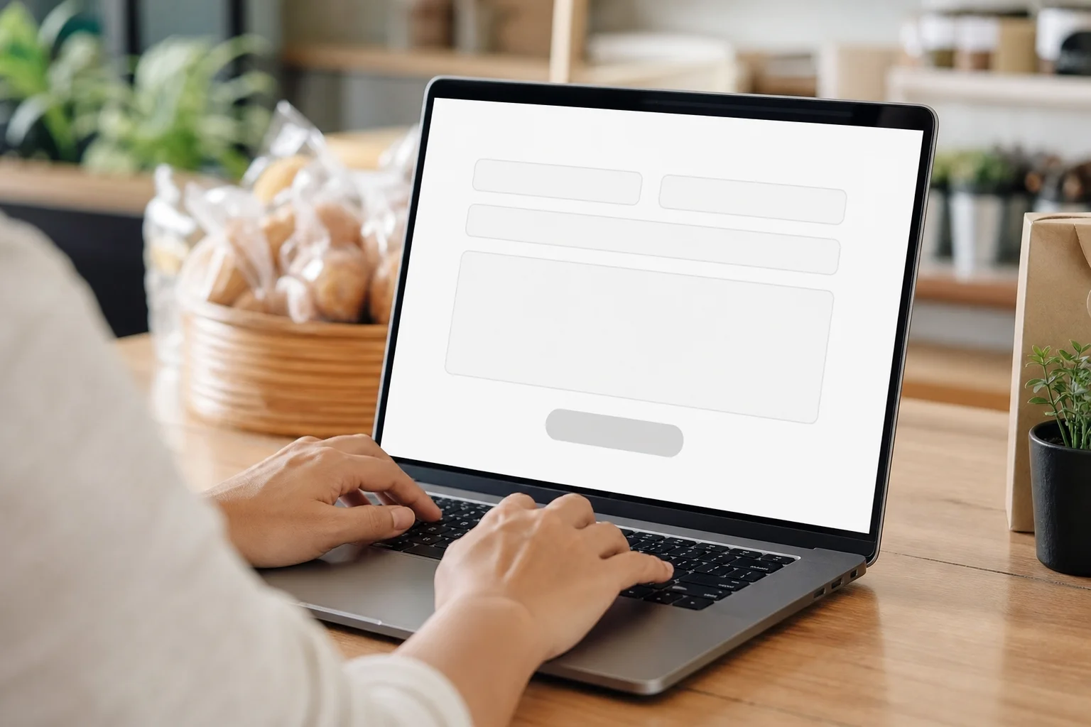A person filling out a simple contact form on a laptop at a small business front desk