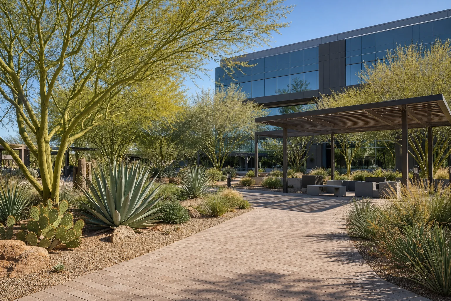 Native desert plants and paver walkway showcasing campus landscape design at a corporate office campus