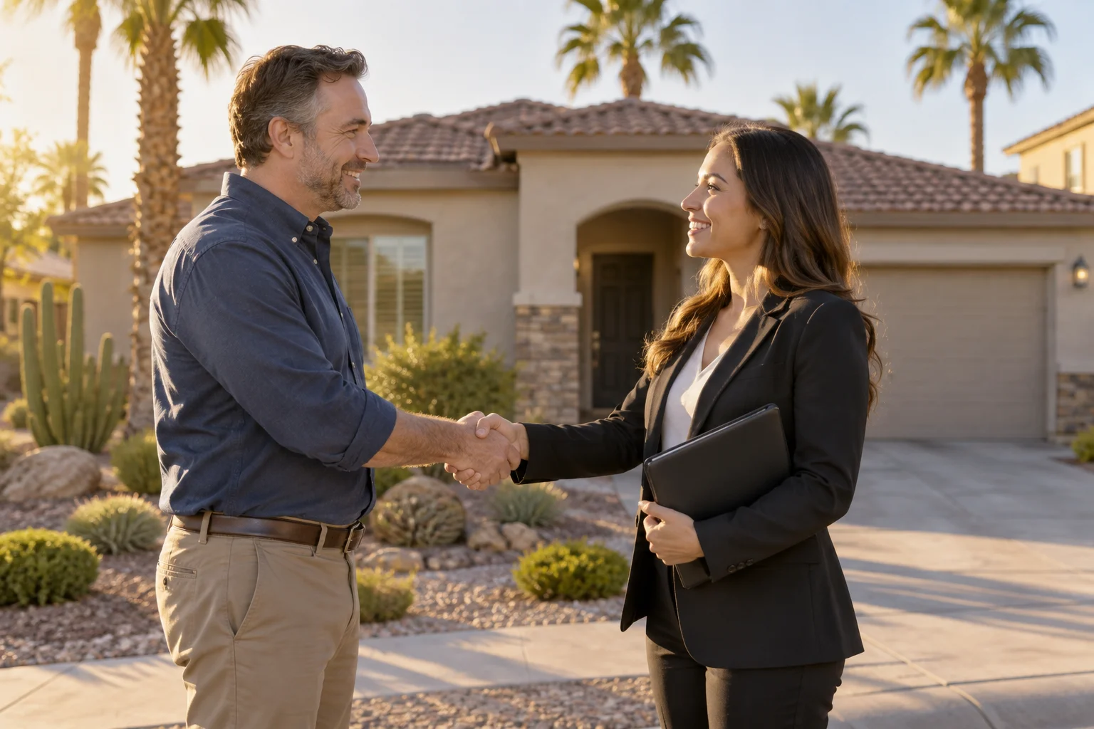 A Phoenix property manager and a rental property owner review paperwork outside a single-family rental home