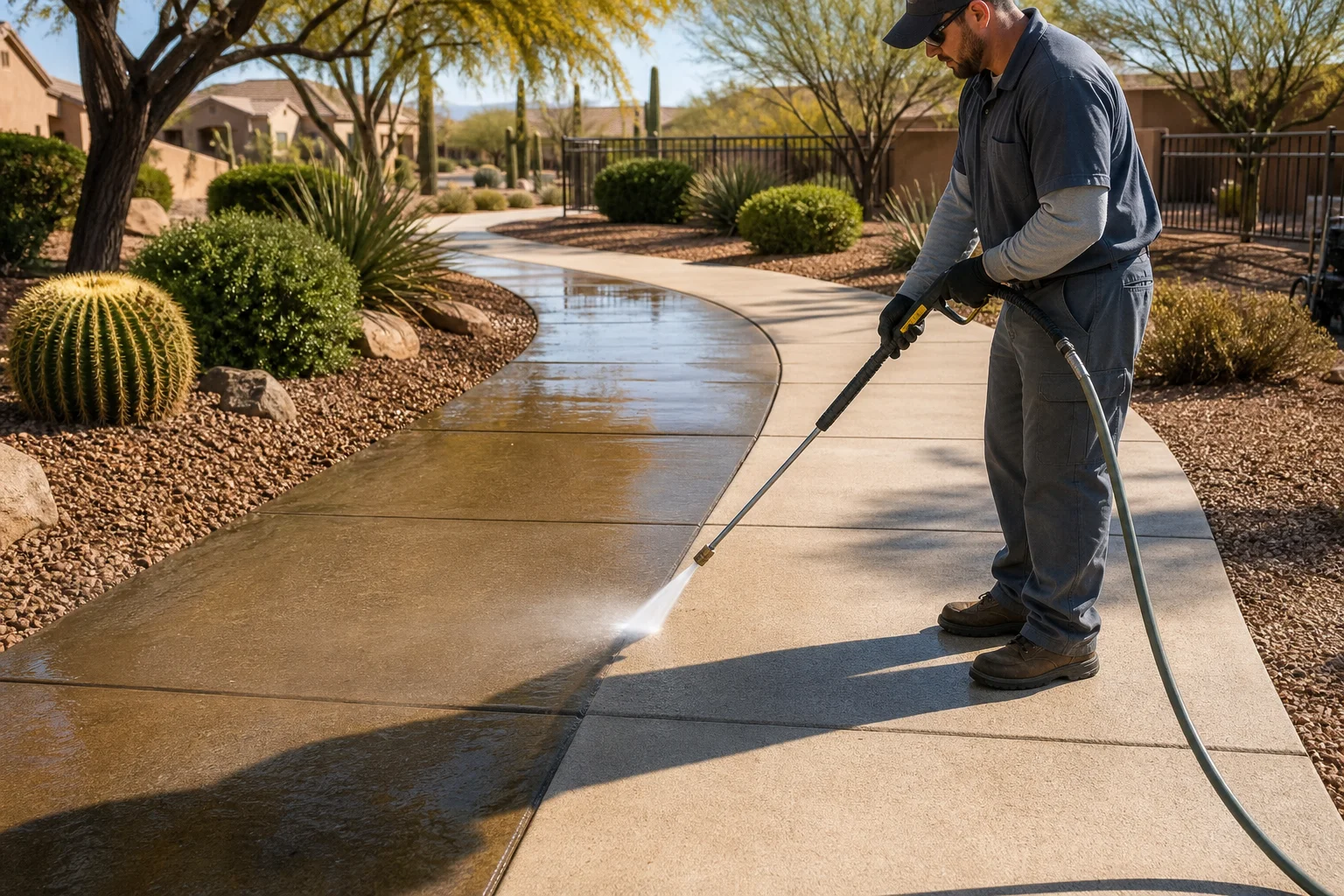 Professional landscaping crew maintaining a commercial HOA community entry in Scottsdale, Arizona, with clean pressure-washed concrete walkways and manicured desert plantings