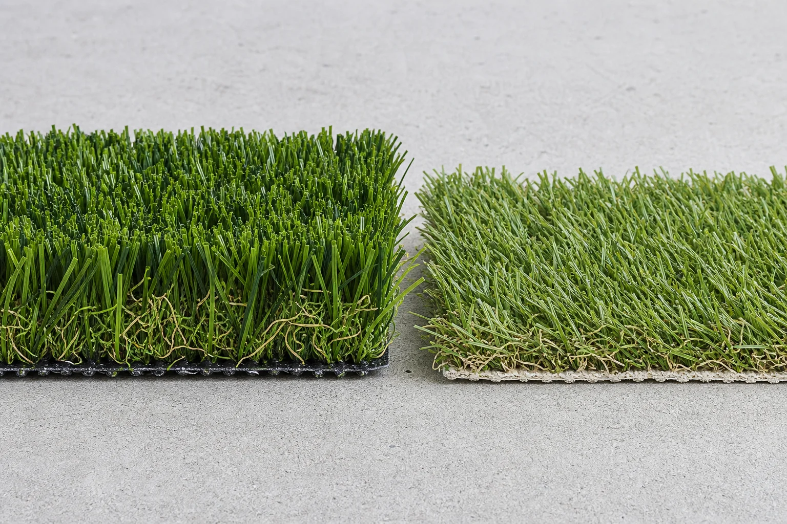 Close-up comparison of premium commercial-grade synthetic turf pile density beside a standard residential artificial grass product, showing blade construction and fiber texture differences on an Arizona commercial property
