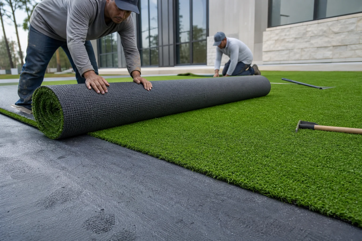 Crew installing artificial turf over a compacted base layer and weed barrier at a commercial property