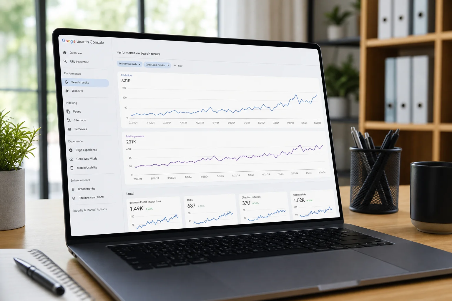 A dental practice office manager reviewing SEO performance dashboards on a laptop showing search rankings and Google Business Profile metrics