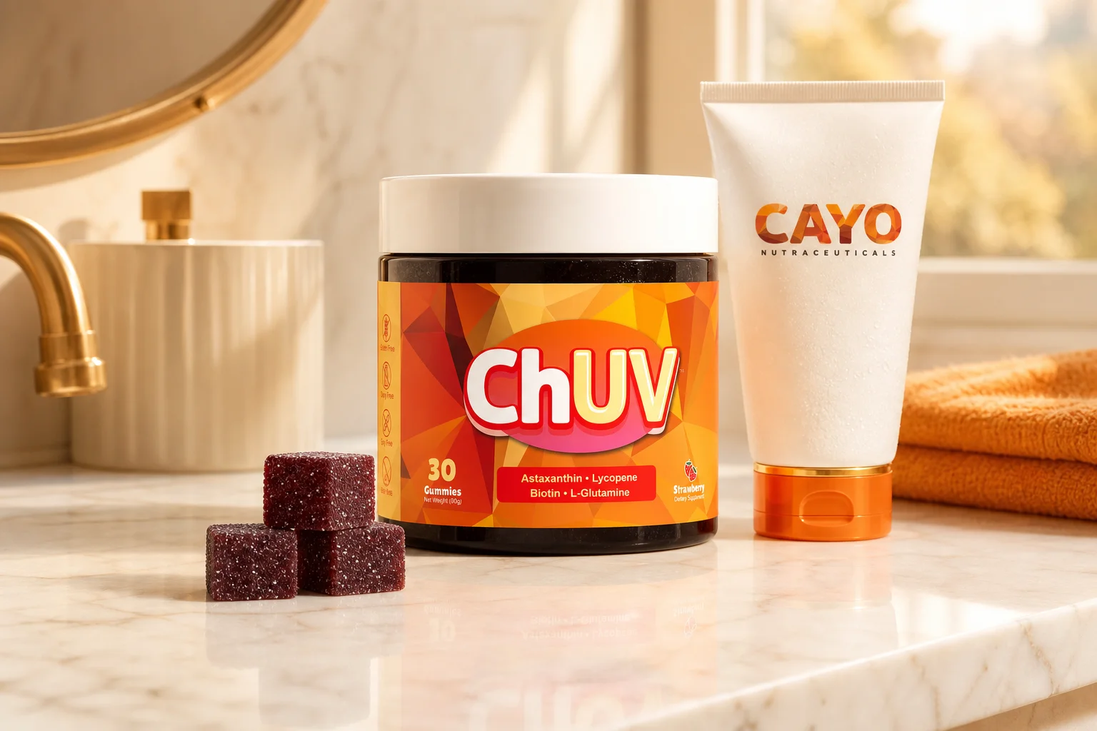 ChUV tanning gummies bottle and dark cube gummies on a bathroom vanity counter, representing dermatologist opinions on tanning gummies
