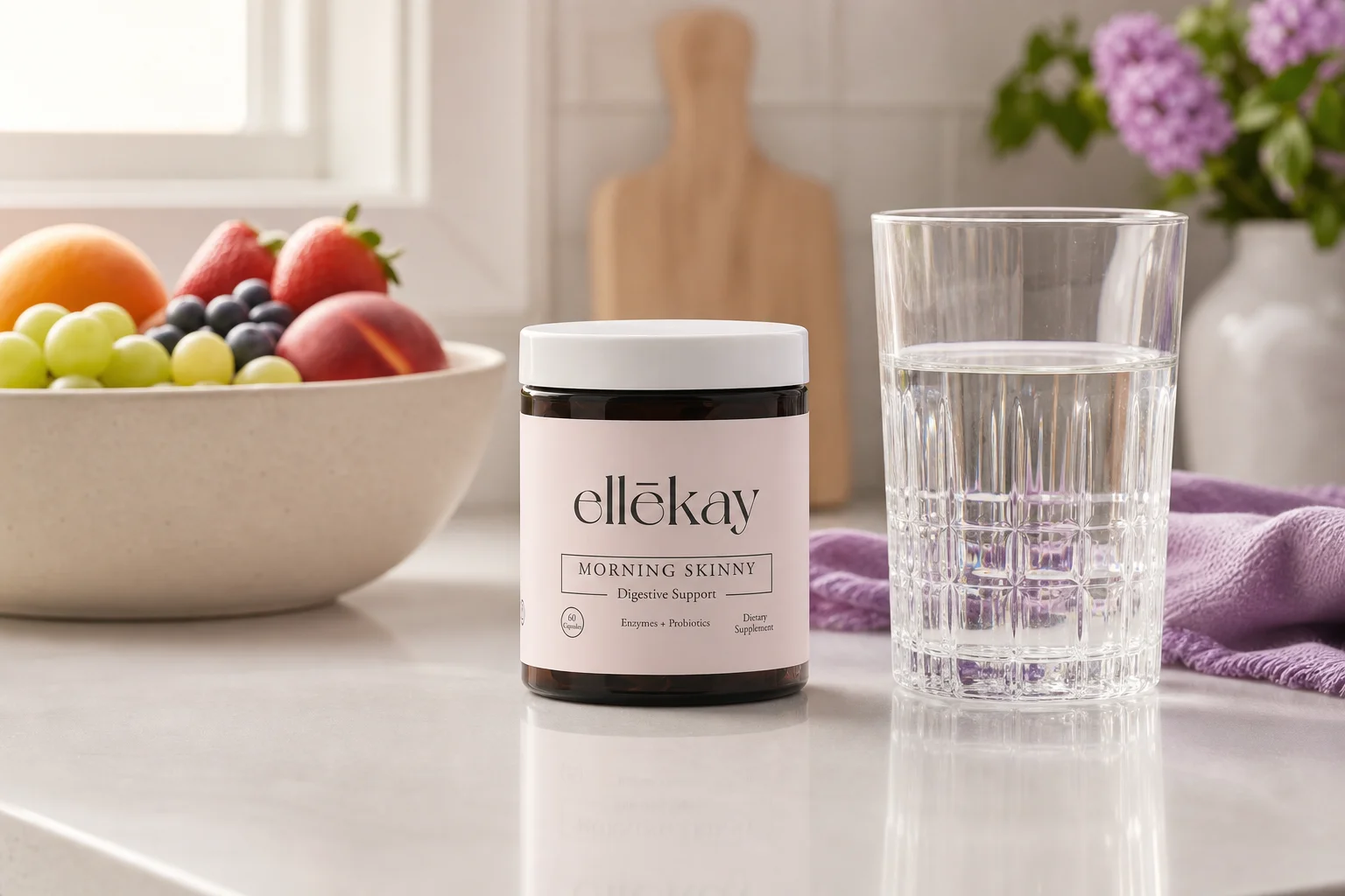 Ellekay Morning Skinny supplement bottle on a bright kitchen counter, hero image for digestive enzyme faq guide
