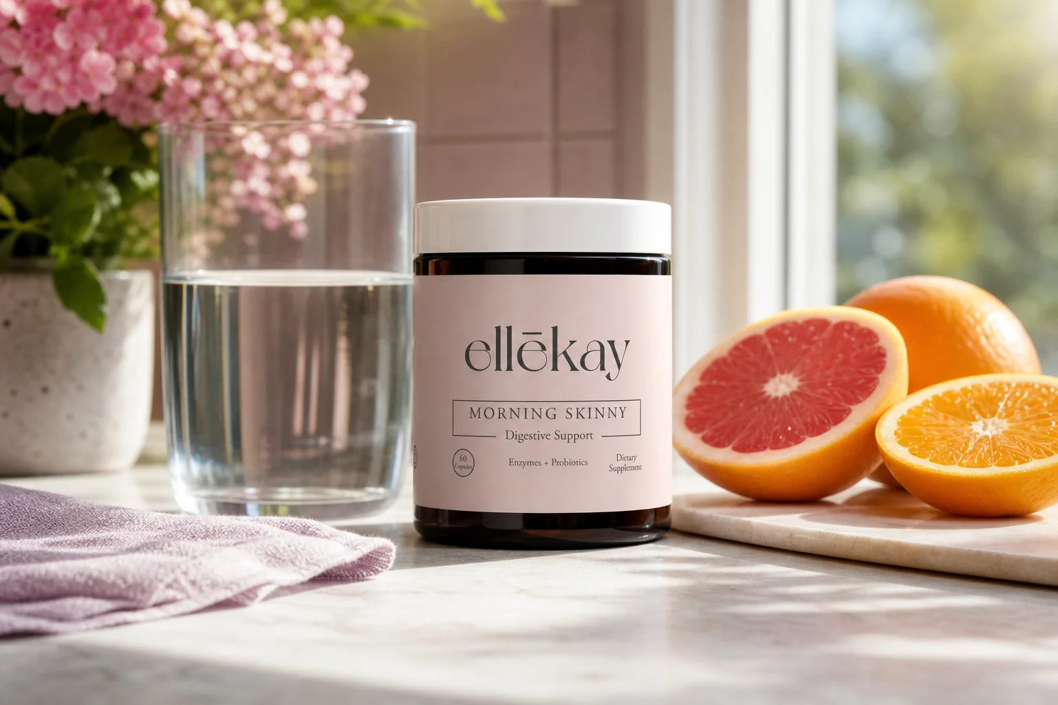Ellekay digestive enzymes for women supplement bottle on a morning kitchen counter with fresh fruit and wellness essentials