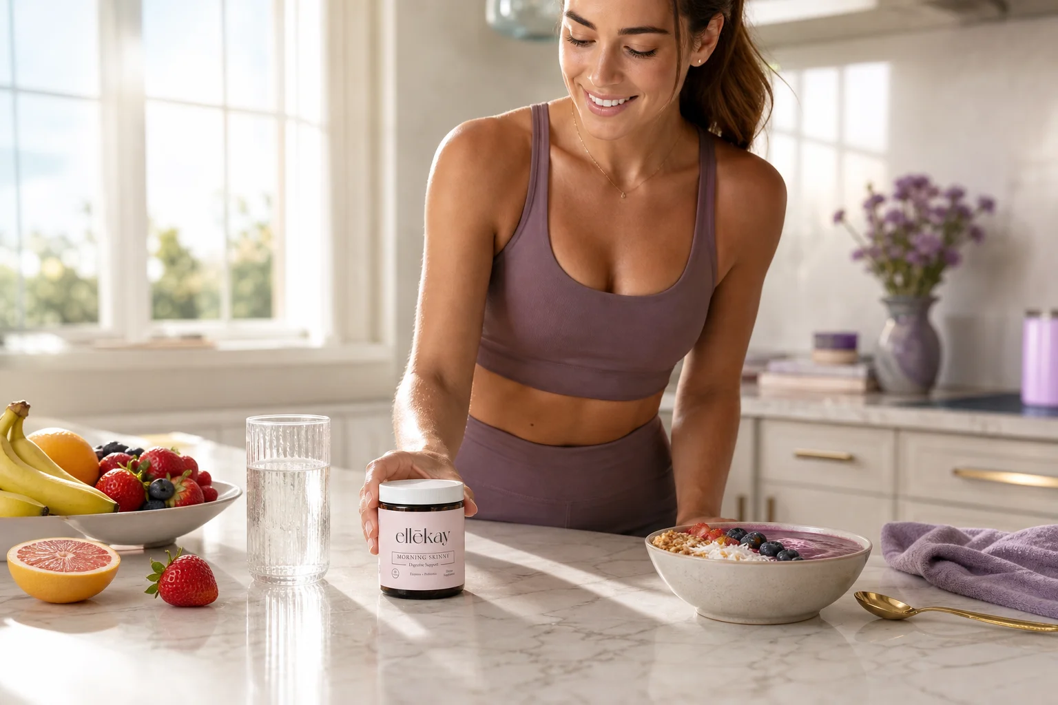 Ellekay supplement jar on a bright kitchen counter with fresh fruits supporting digestive health for athletes