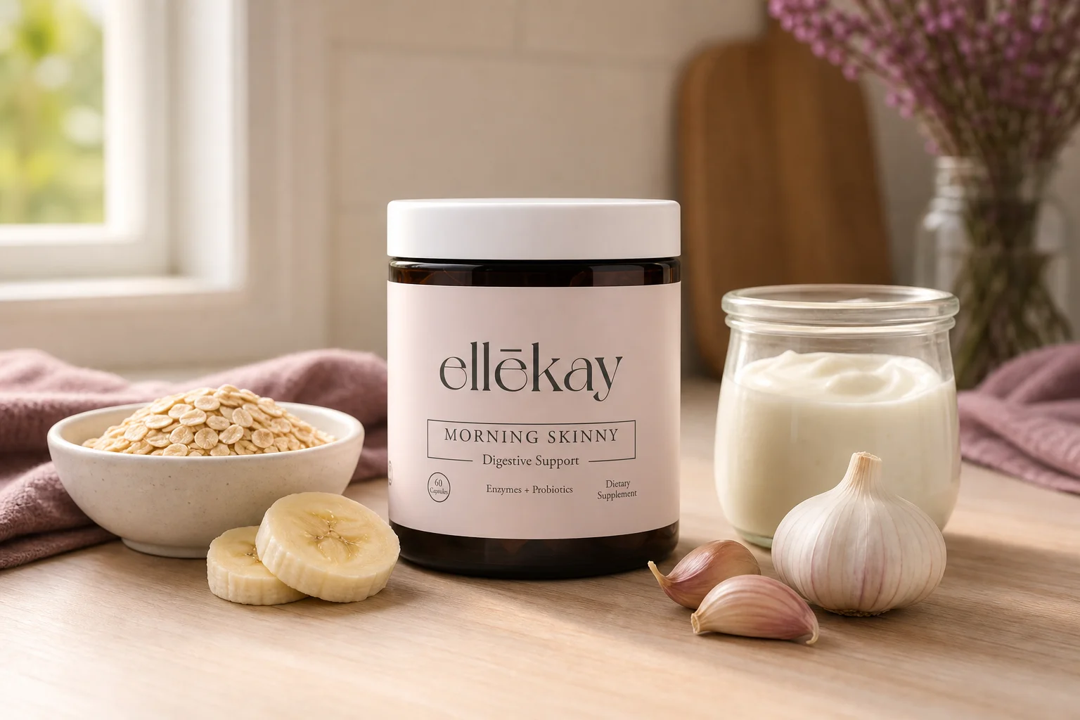 Morning Skinny supplement bottle with affordable gut-friendly foods for digestive health on a budget on a kitchen counter