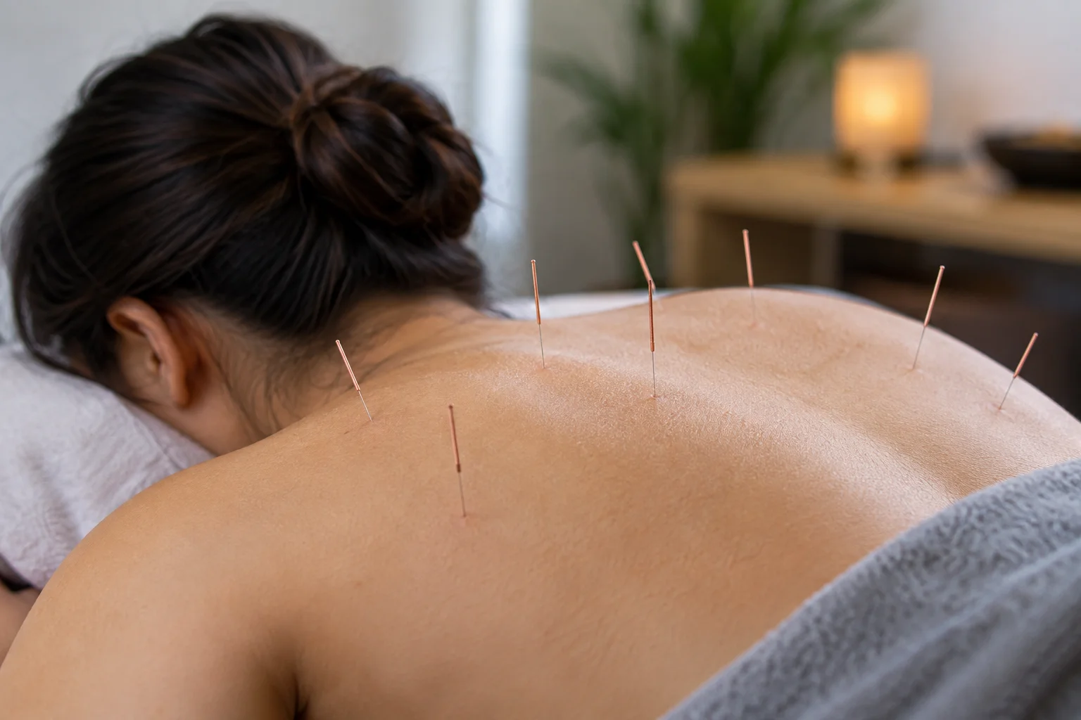 Acupuncturist gently placing thin needles along a patient's upper back during a calm treatment session