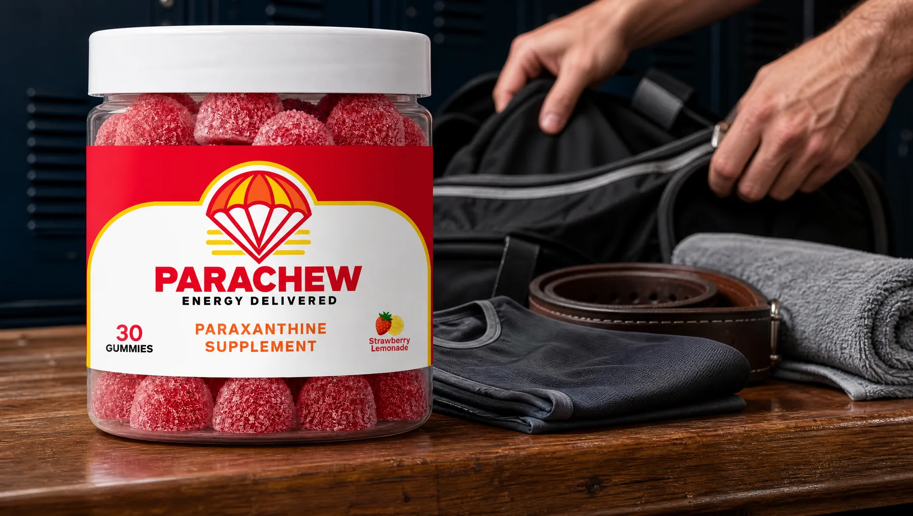 Parachew Strawberry Lemonade paraxanthine gummies jar in the foreground of an athlete's locker-room bench before a competition