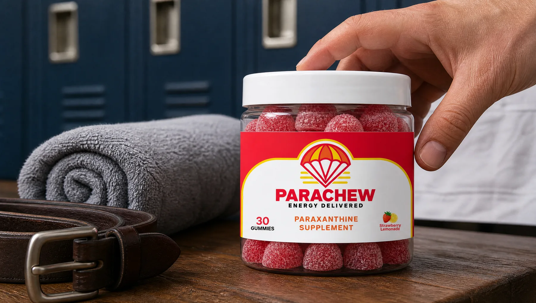 Close view of a Parachew Strawberry Lemonade paraxanthine gummies jar, a tight crop along the locker-room bench