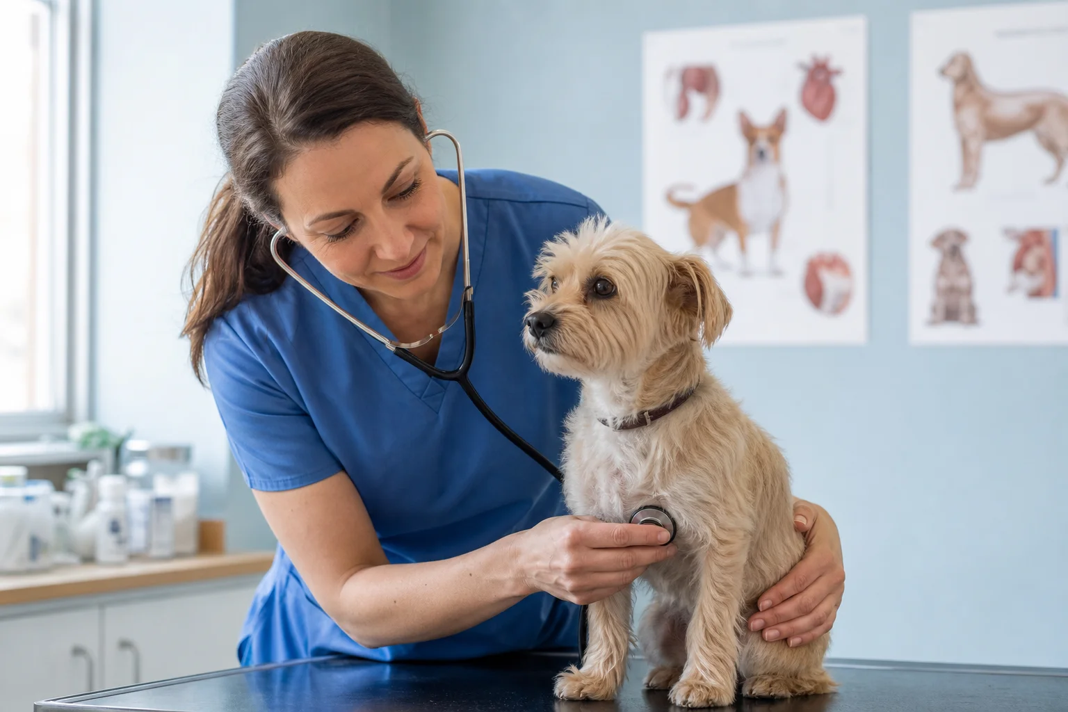 A veterinarian examining a small dog on an exam table in a bright clinic