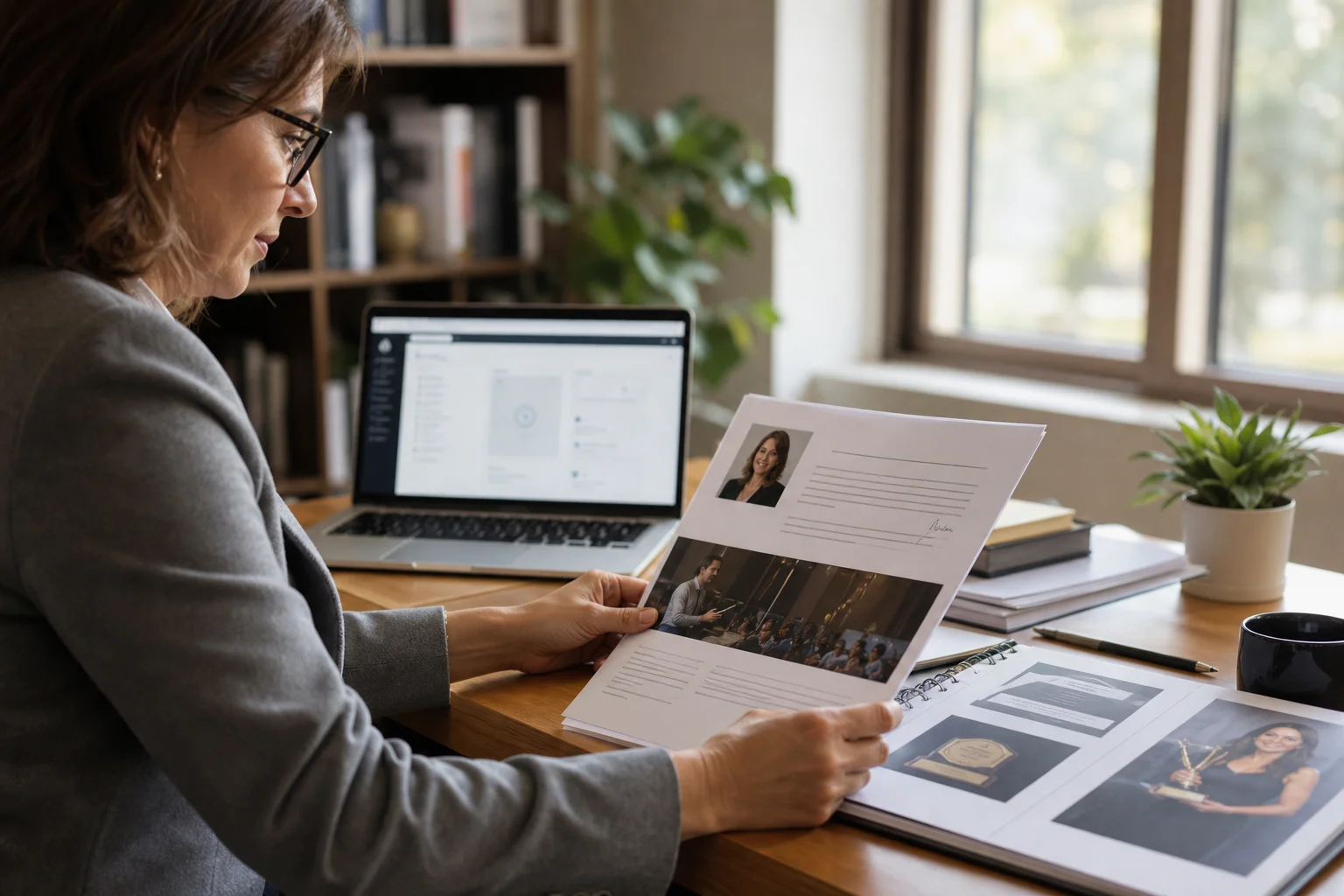 An SEO professional reviewing content credibility and author signals on a laptop, representing E-E-A-T evaluation for search rankings