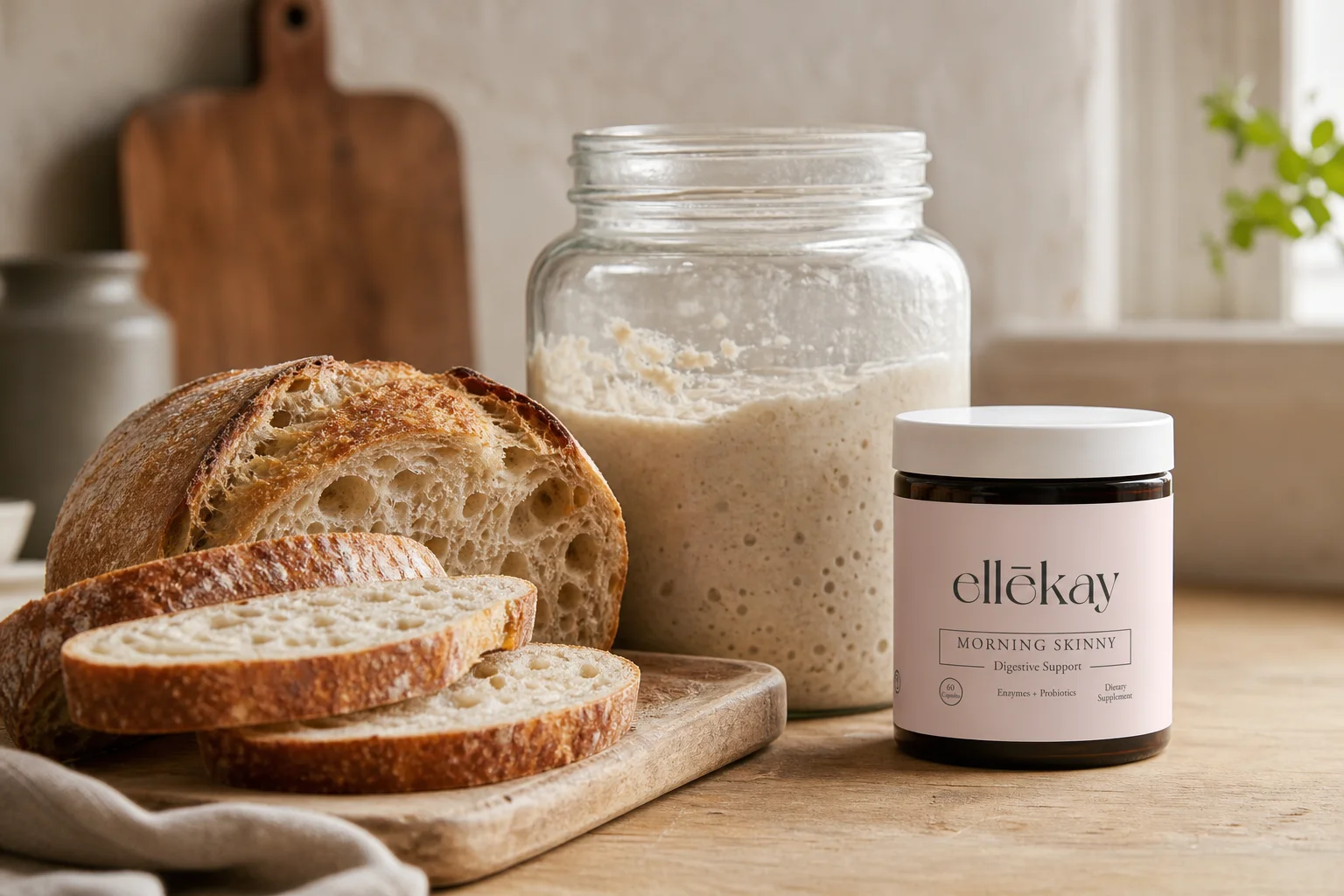 Close-up of sliced sourdough bread on a wooden cutting board with a small jar of sourdough starter beside it, warm natural side lighting, clean kitchen background
