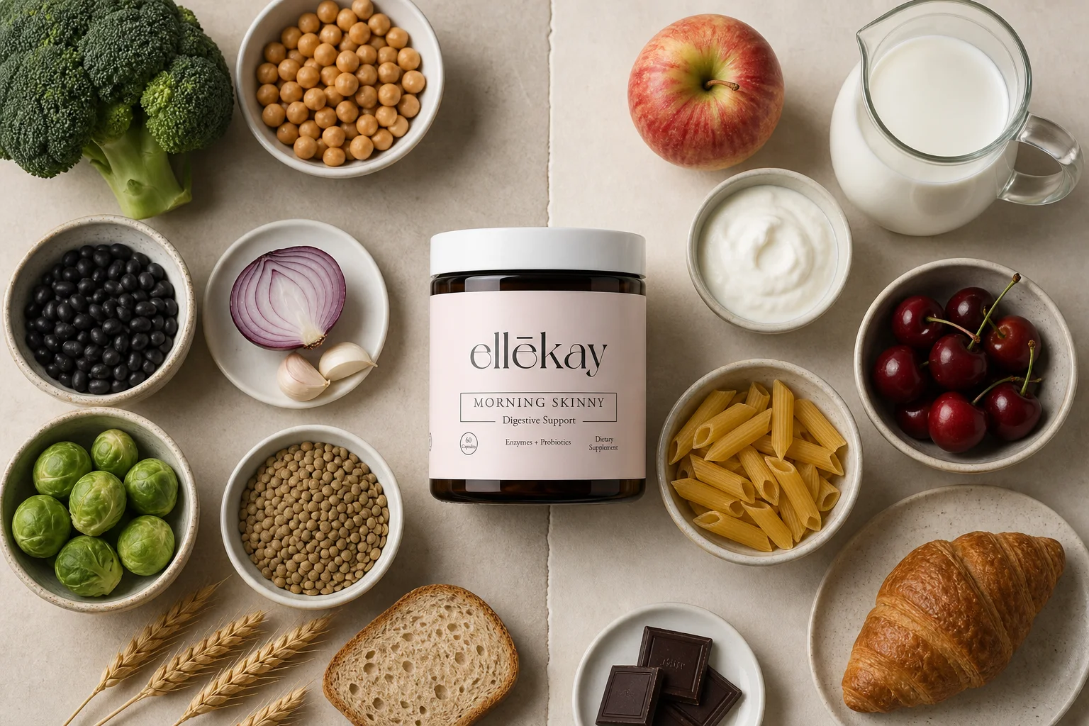 Editorial flat-lay split composition on white marble: left side shows high-fat foods and a glass of sparkling water representing upper stomach bloating triggers, right side shows beans, garlic, cruciferous vegetables, and onions representing lower stomach bloating triggers, bright overhead natural light, photorealistic food styling