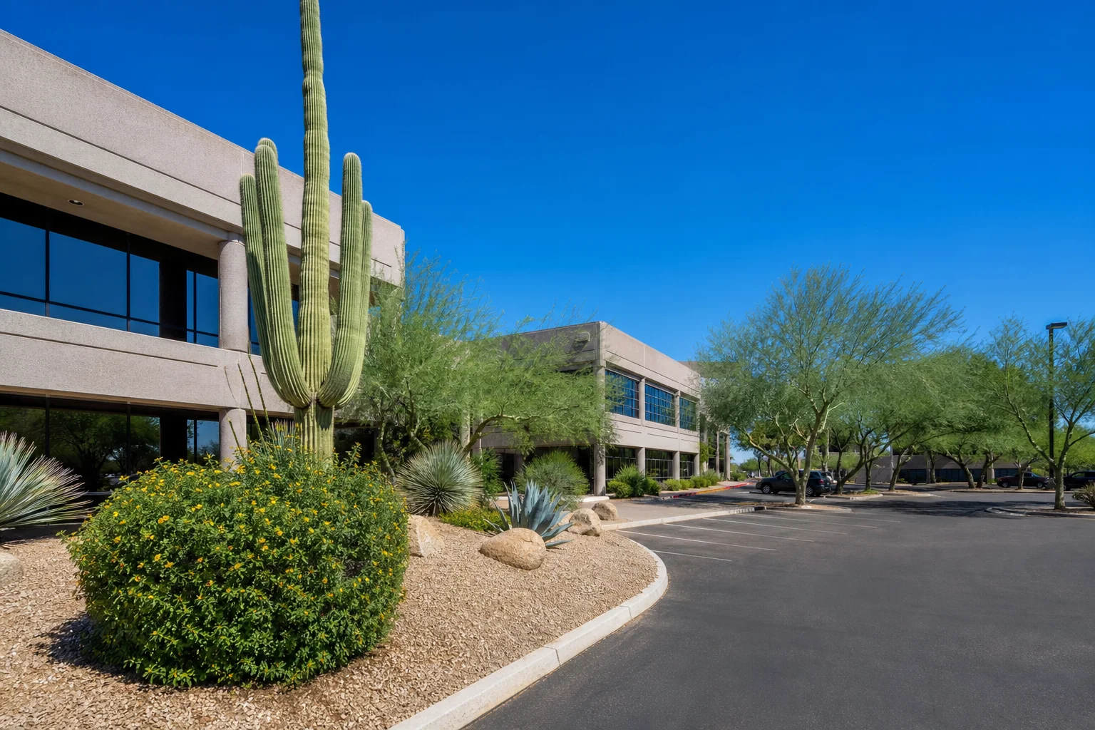 Commercial office building exterior in Scottsdale, Arizona with desert landscaping, parking lot, and clear blue sky