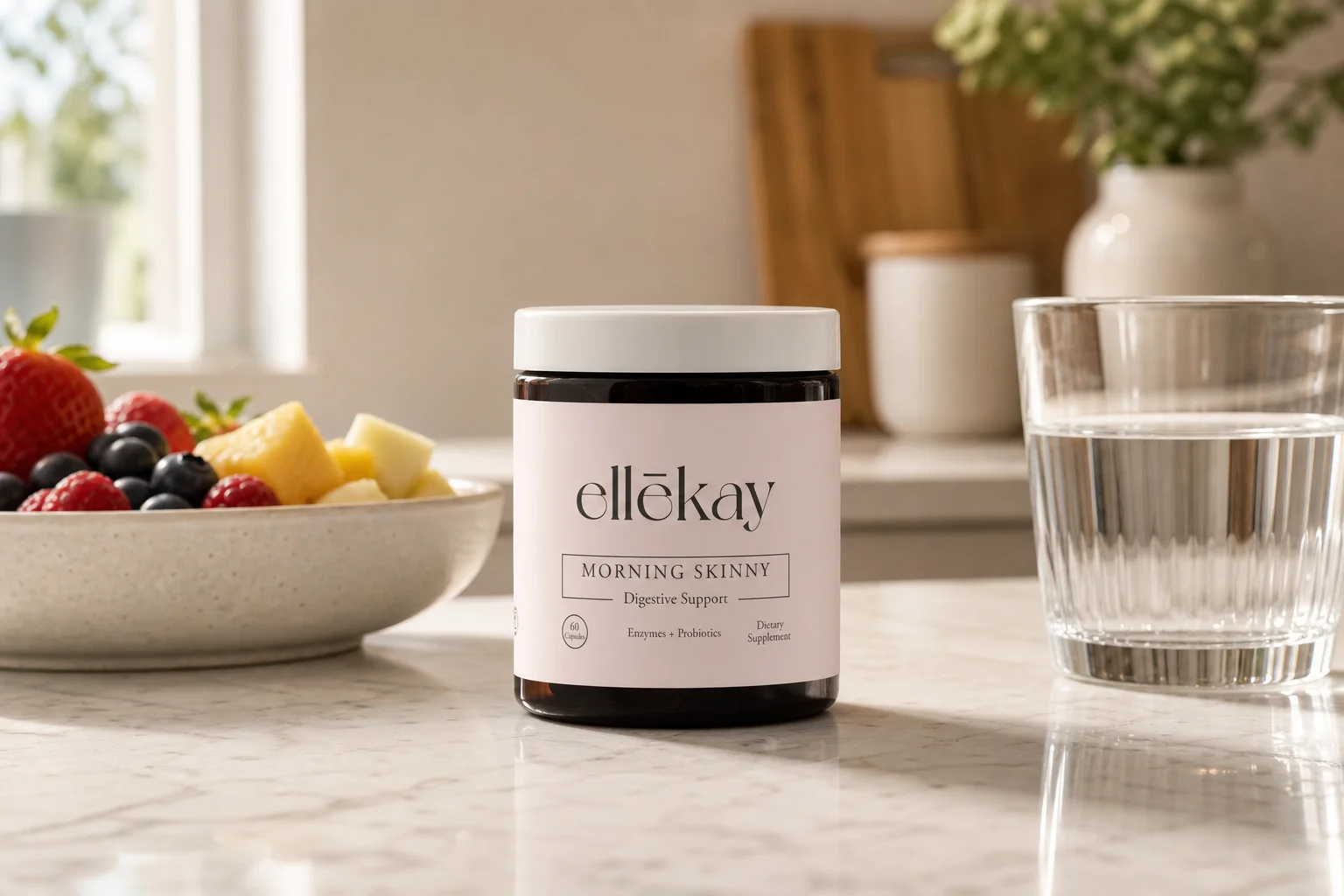 Ellekay Morning Skinny supplement surrounded by fiber-rich whole foods representing fiber and digestive health support