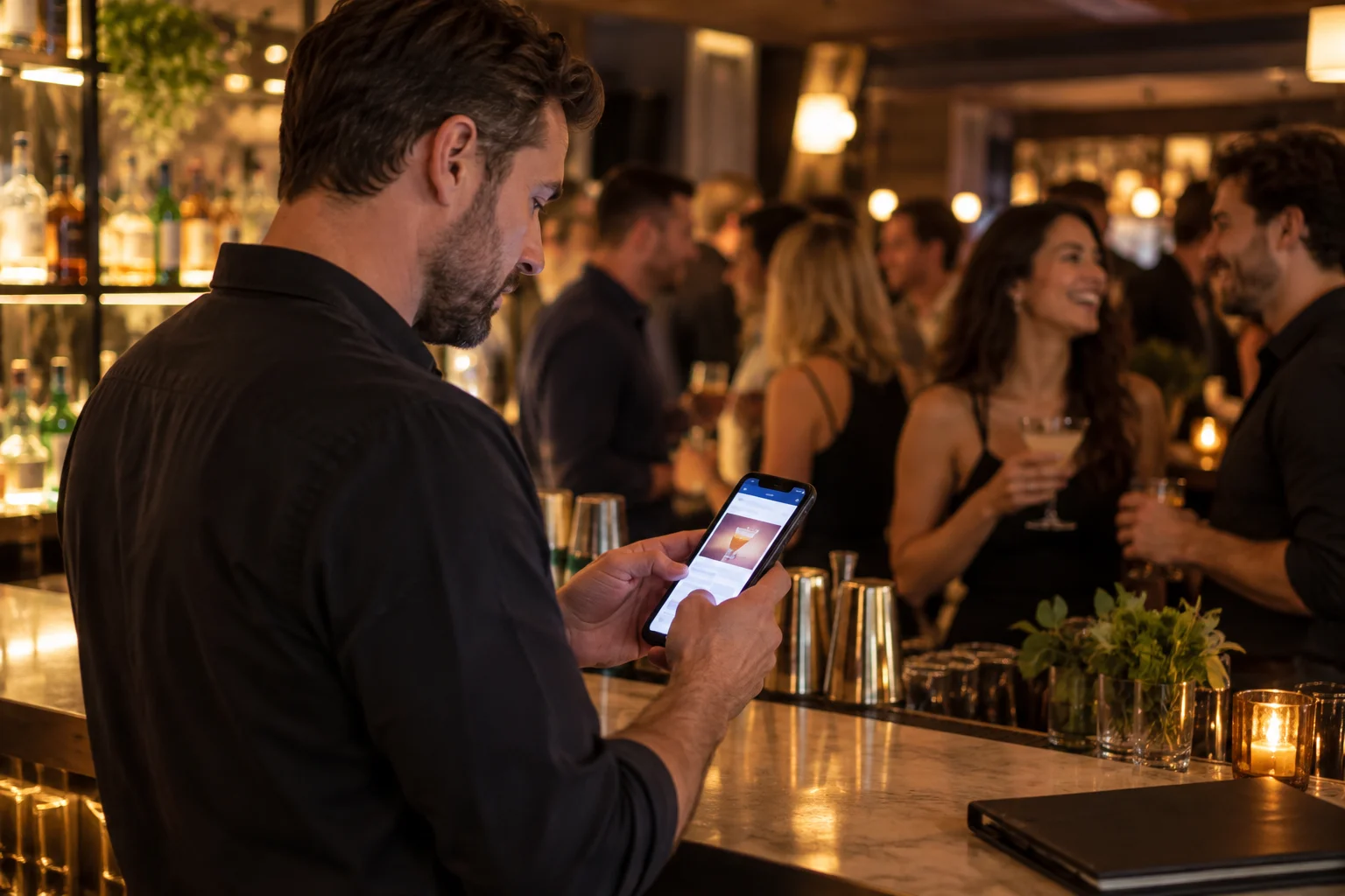 Bar staff checking a phone showing an Instagram ad next to a busy Friday night crowd