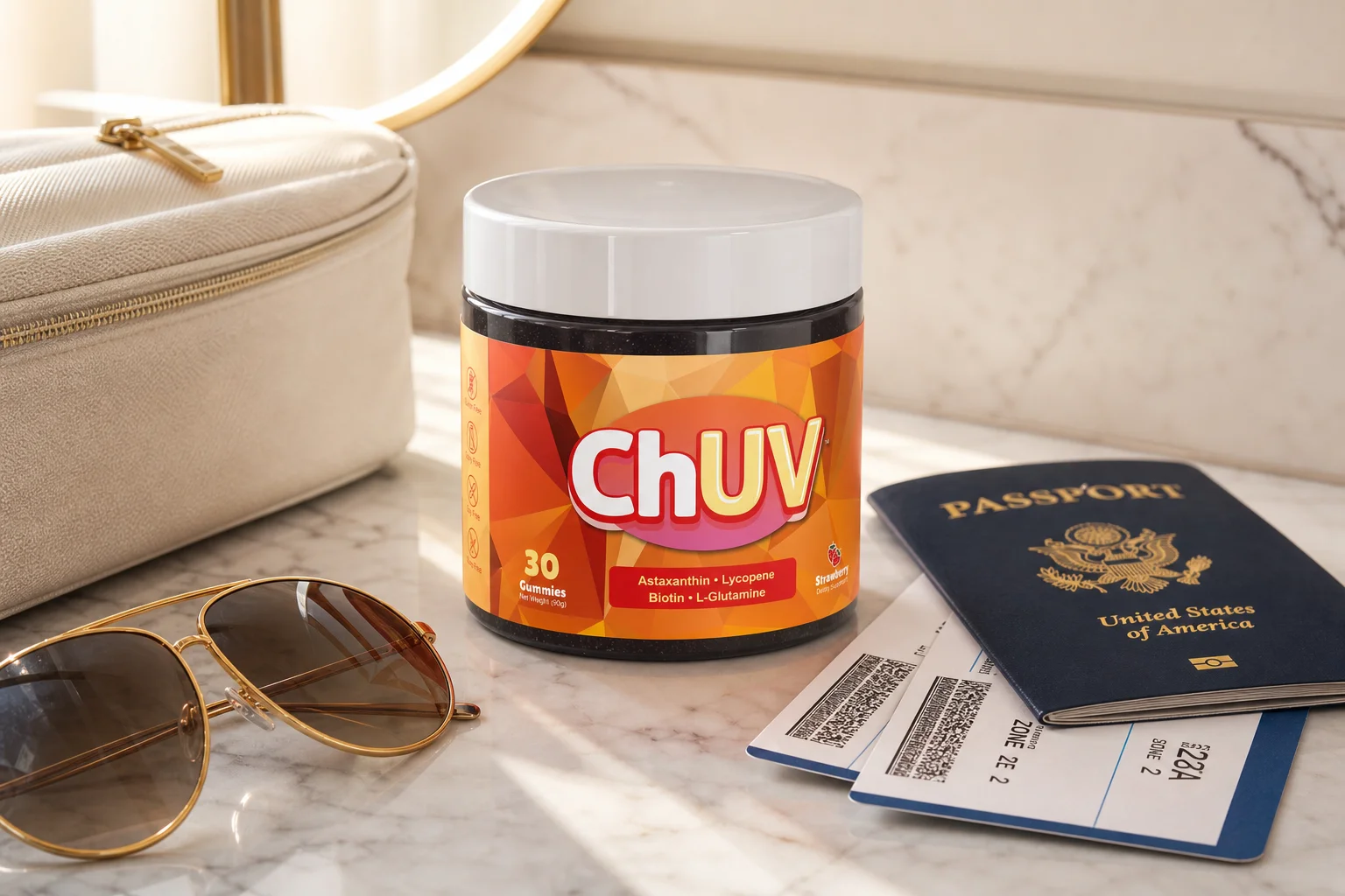ChUV tanning gummies bottle on a marble vanity with travel accessories and boarding passes illustrating can you fly with tanning gummies