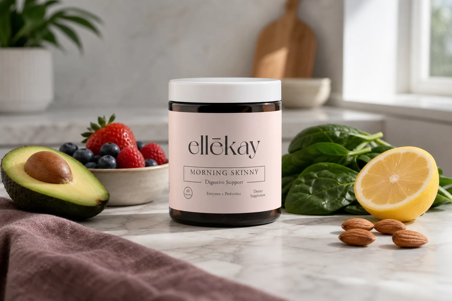 Ellekay Morning Skinny supplement bottle on a marble kitchen counter with fresh fruits, avocado, and nuts representing food combining for better digestion