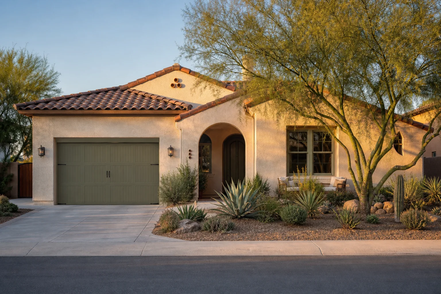 Exterior of a residential Arizona home with a closed two-car garage door, palm trees, desert landscaping with gravel and succulents, stucco walls, and bright afternoon sunlight