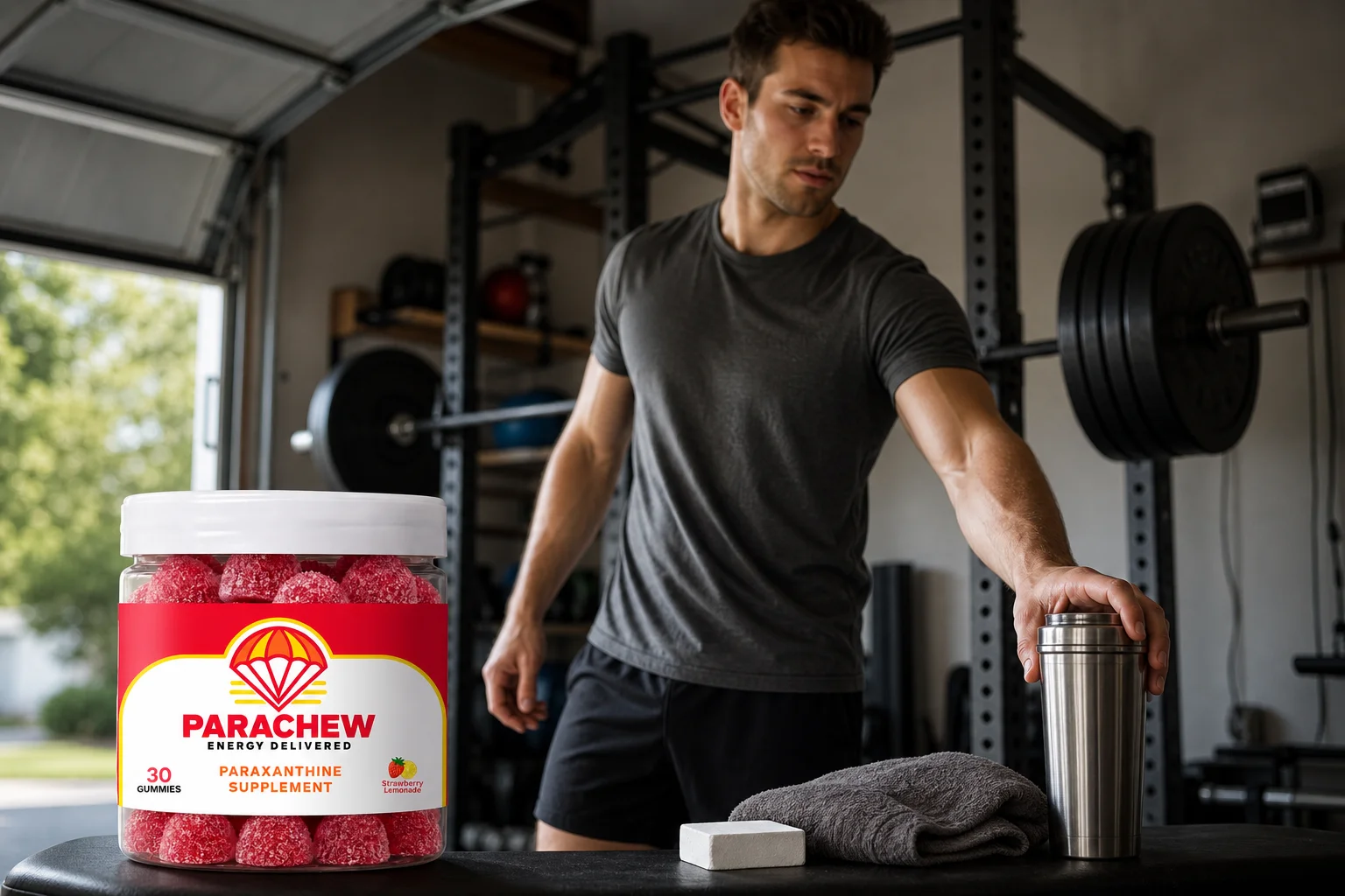 Man in a home gym holding an open Parachew jar of energy gummies beside a loaded barbell before lifting