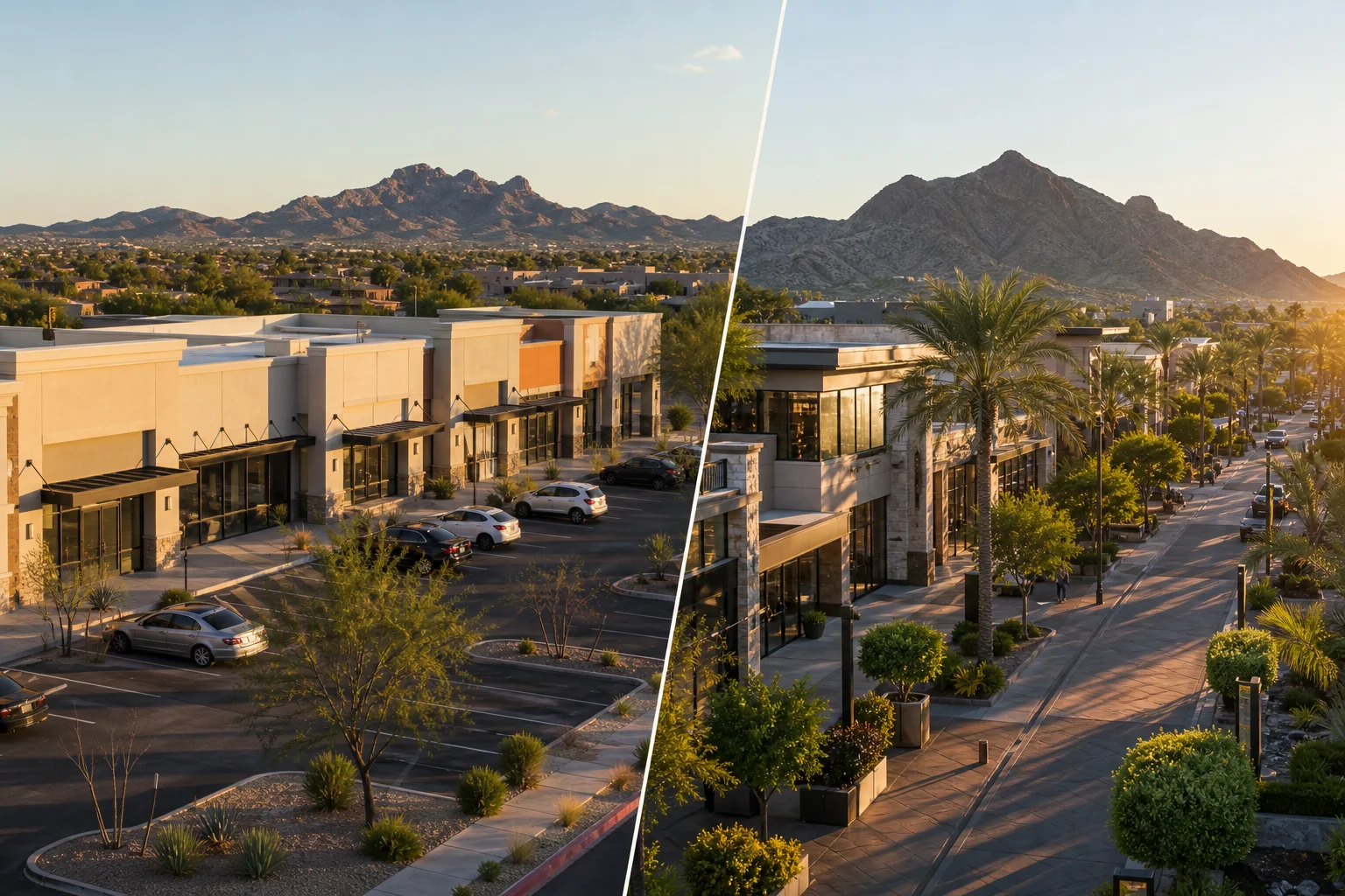 Split view of a Gilbert Arizona retail strip and a Scottsdale retail corridor compared for a small retail investment