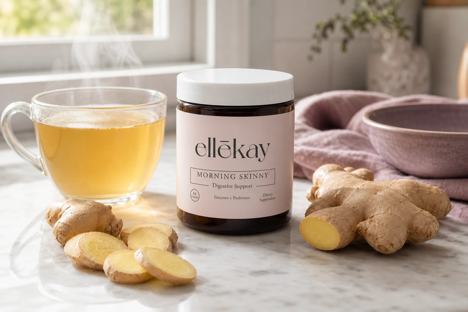 Morning Skinny supplement jar on a marble counter with fresh ginger root and warm ginger tea representing ginger for digestion